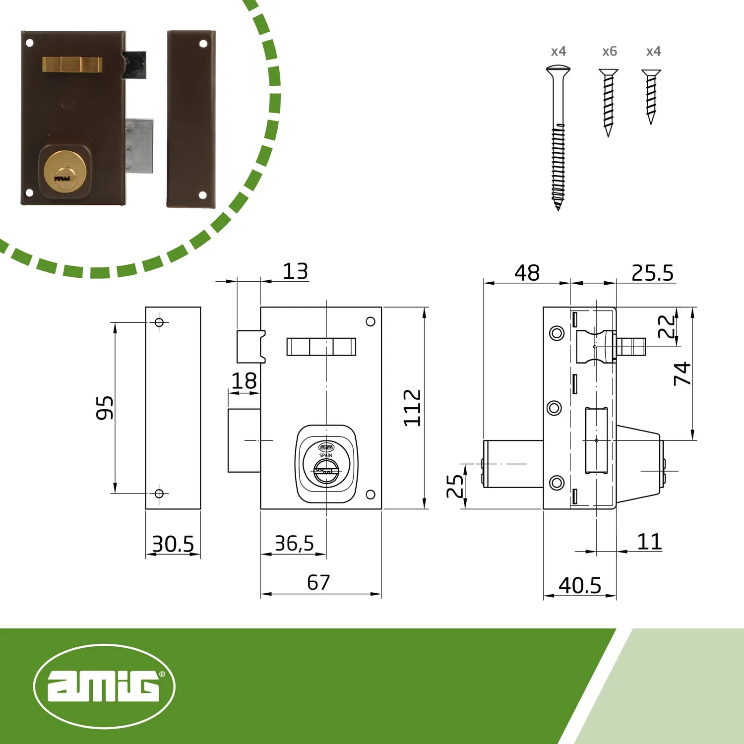 Amig 75 Serratura Sovrapposizione 67x112 mm Marrone