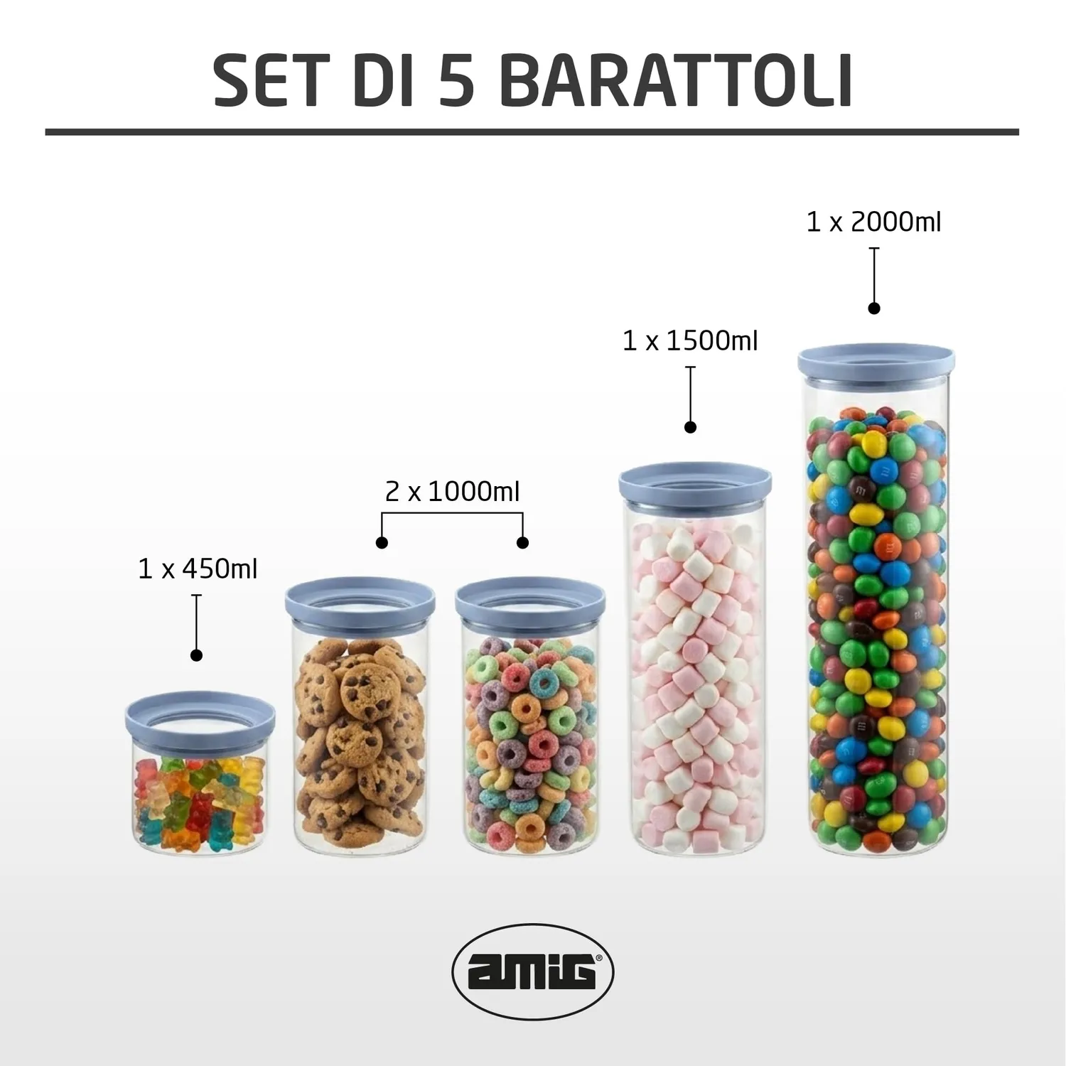 Amig Oru Barattoli Vetro Ermetici 5 pz Pasta Riso