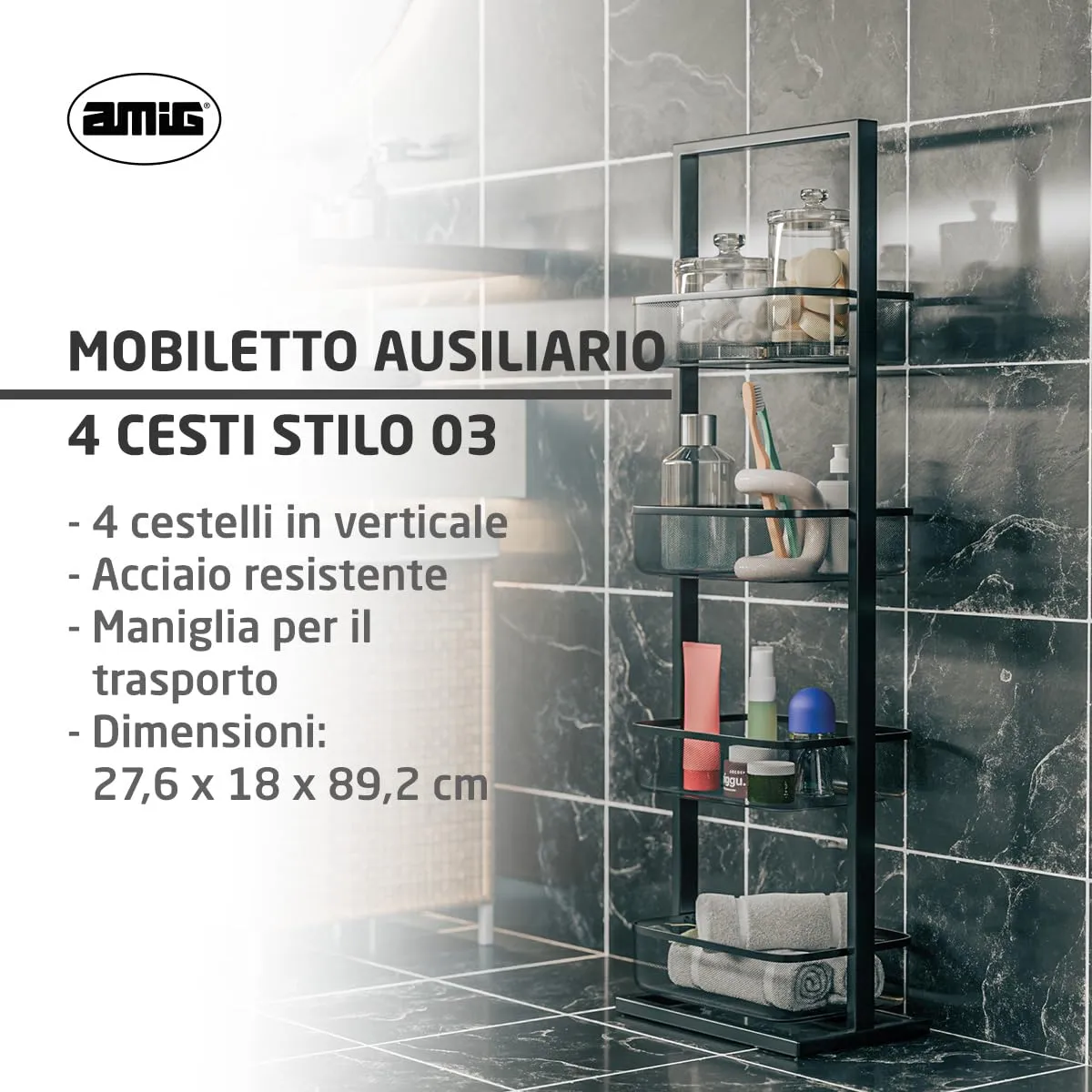 Amig carrello cucina 4 cesti 27,6x18x89,2 cm acciaio nero