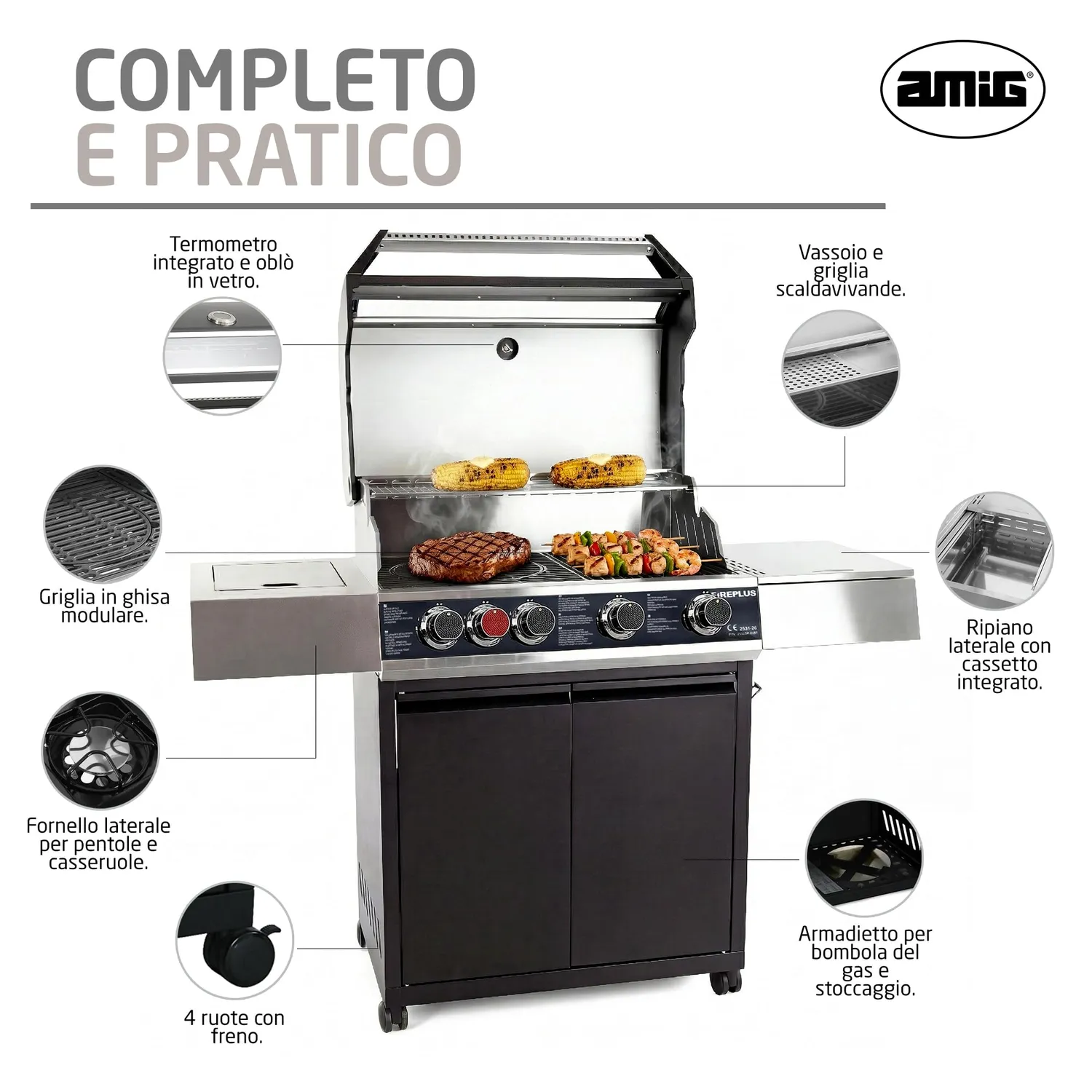 Amig Fireplus GRILL-2 5F Barbecue Gas XXL Nero Ghisa