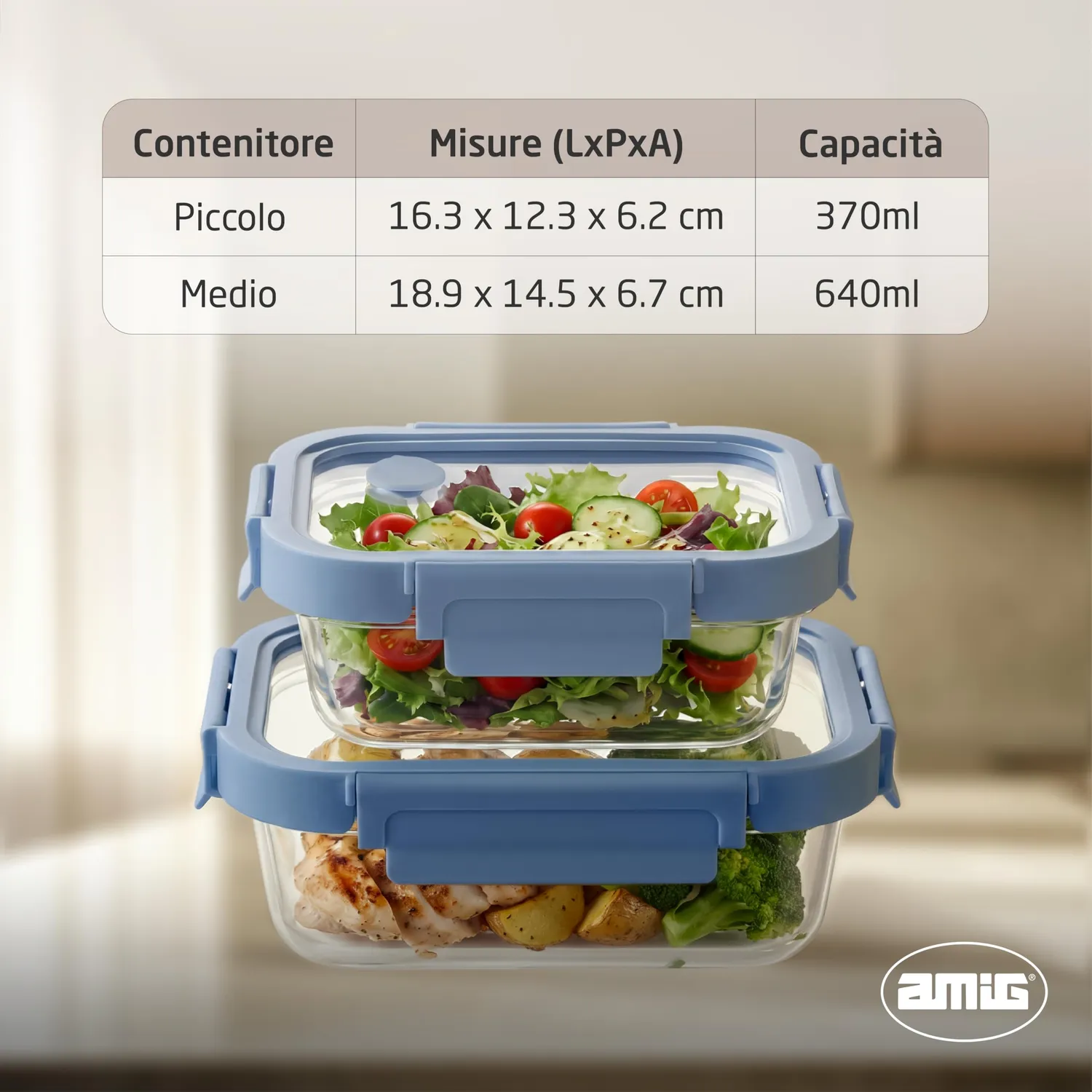 Amig 900 set 2 contenitori vetro 370+640 ml ermetici