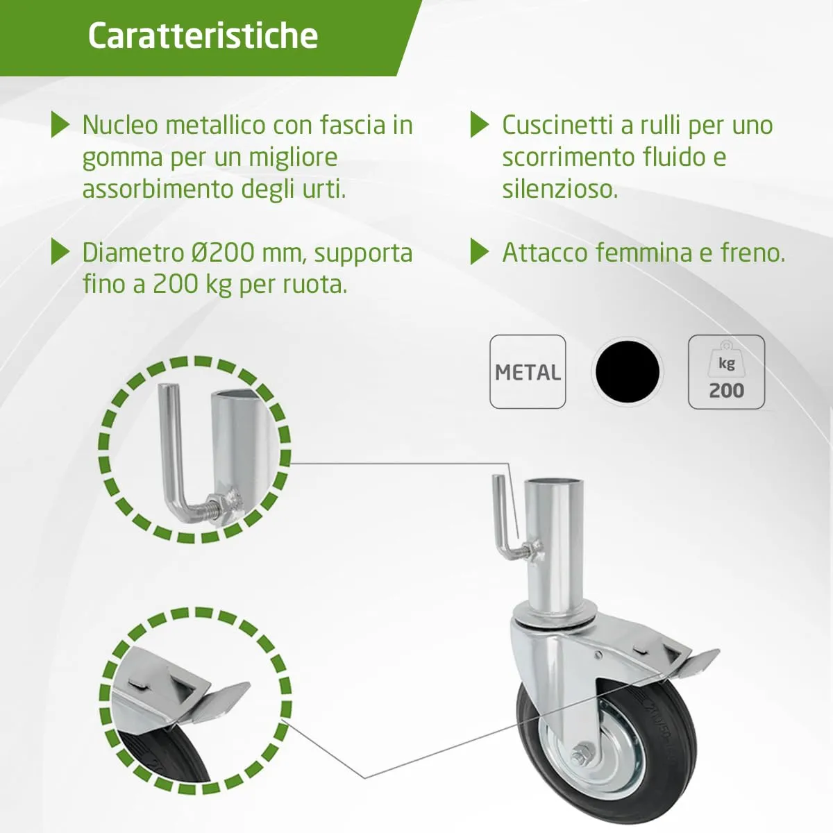 Amig ruota ponteggio maschio freno gomma Ø200 mm 200 kg