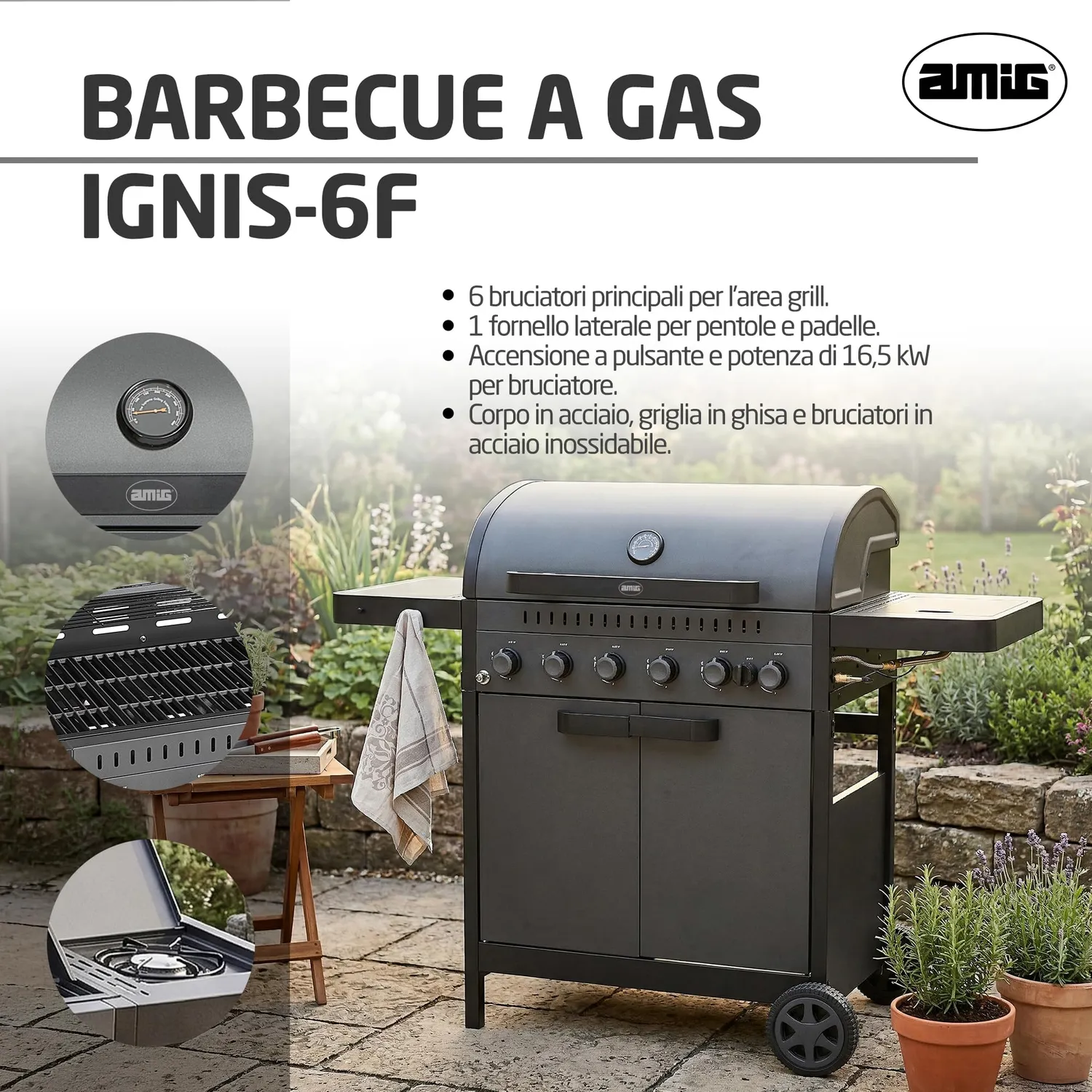 Amig Ignis 6F Barbecue a Gas 6+1 Bruciatori Nero