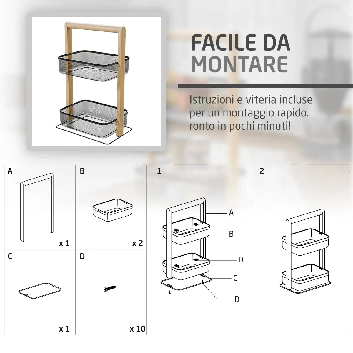 Amig scaffale 2 cesti 27x18x44 cm nero bambù