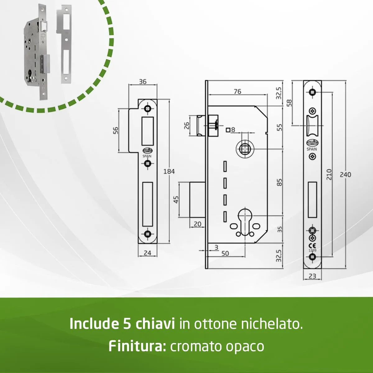 Amig Serratura da Incasso Porta Legno Cromato Opaco 5 Chiavi