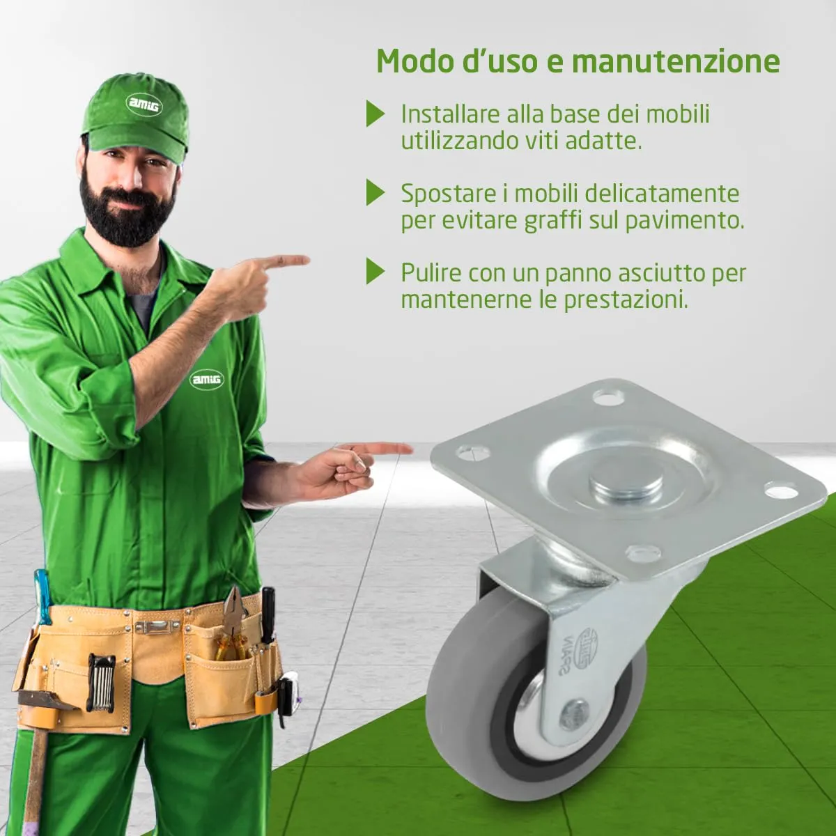 Amig Ruote Mobili Gomma Ø60mm Set 4pz 35kg Senza Freno