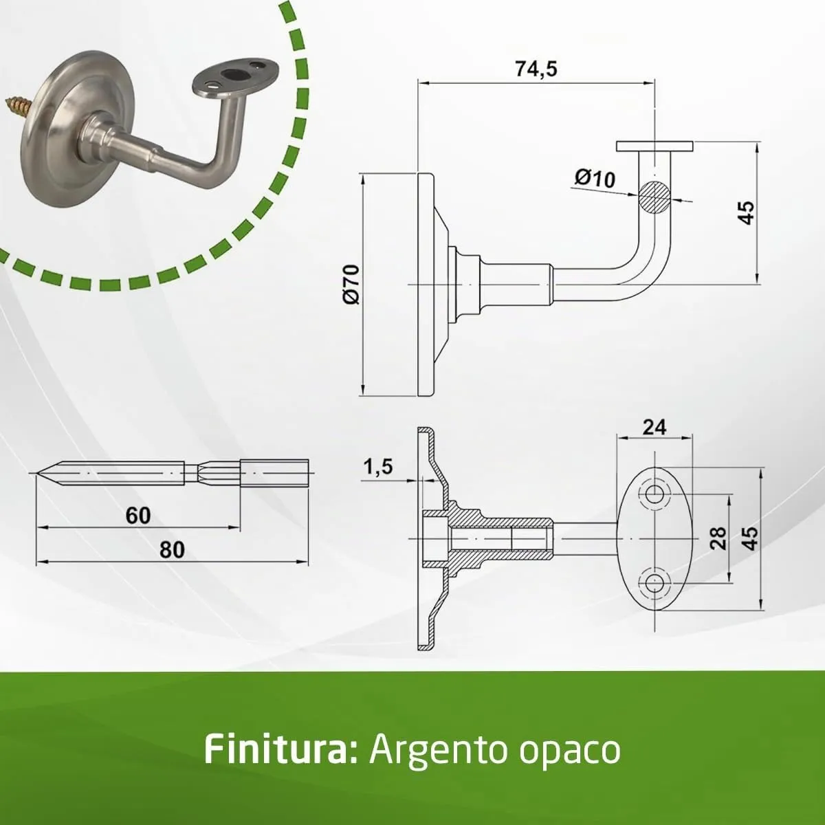 Amig supporto corrimano scala acciaio argento Ø70 mm