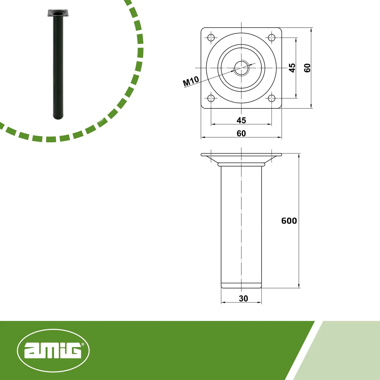 Amig 21769 Gamba Tavolo Rotonda Nera 30x600 mm Acciaio