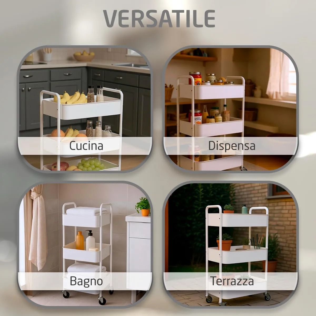 Amig Linn carrello cucina 3 ripiani bianco 40,5x28x76 cm