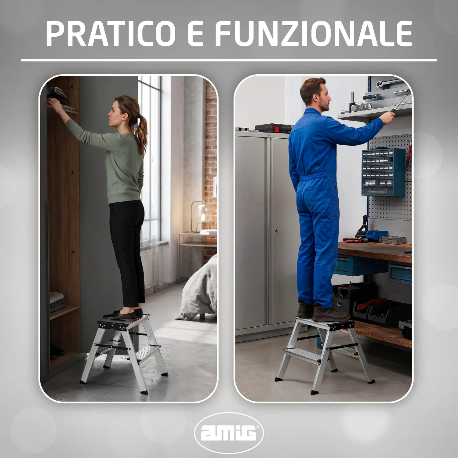 Amig sgabello pieghevole alluminio 2 gradini 39x44 cm