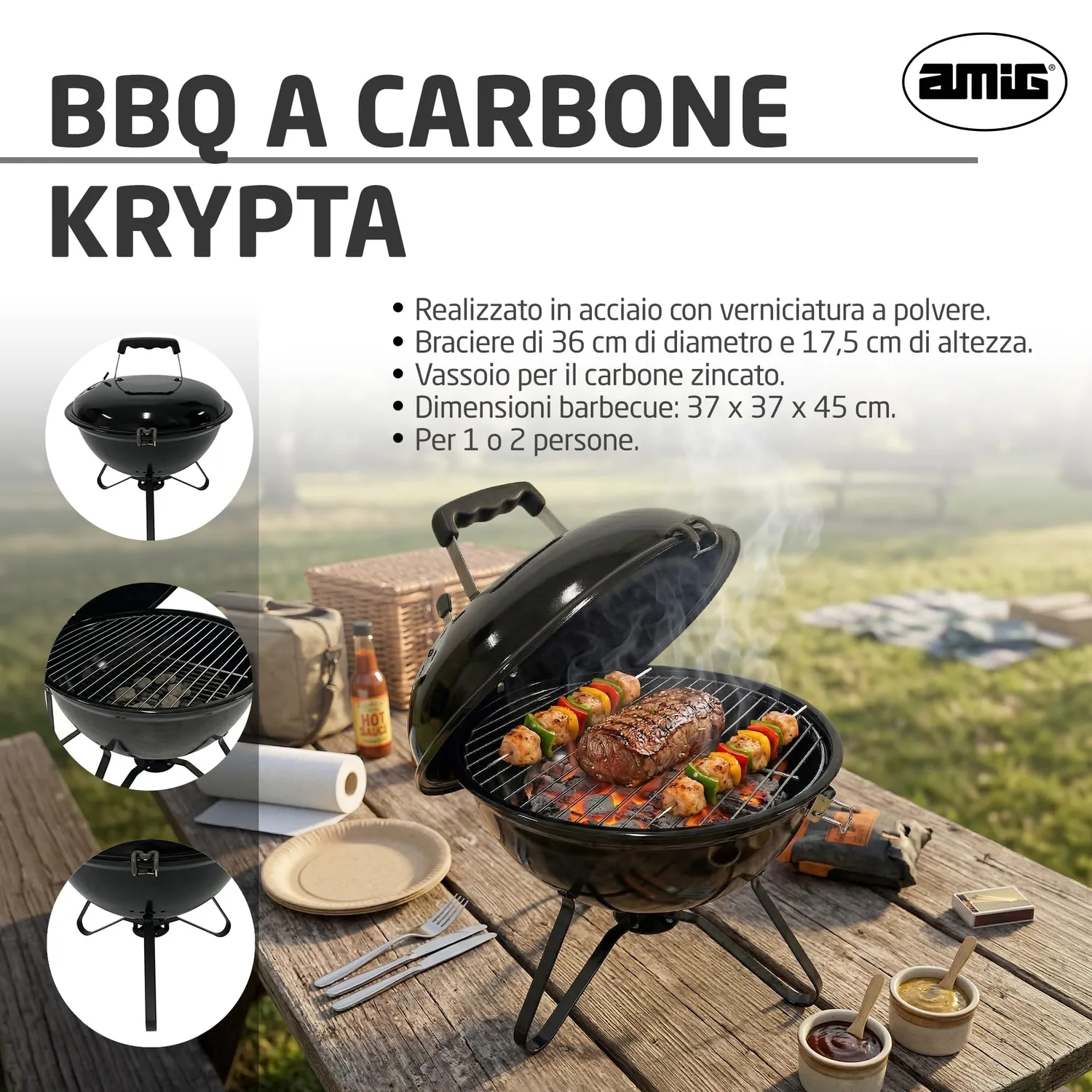 Amig Krypta barbecue carbone 37x37x45 cm nero