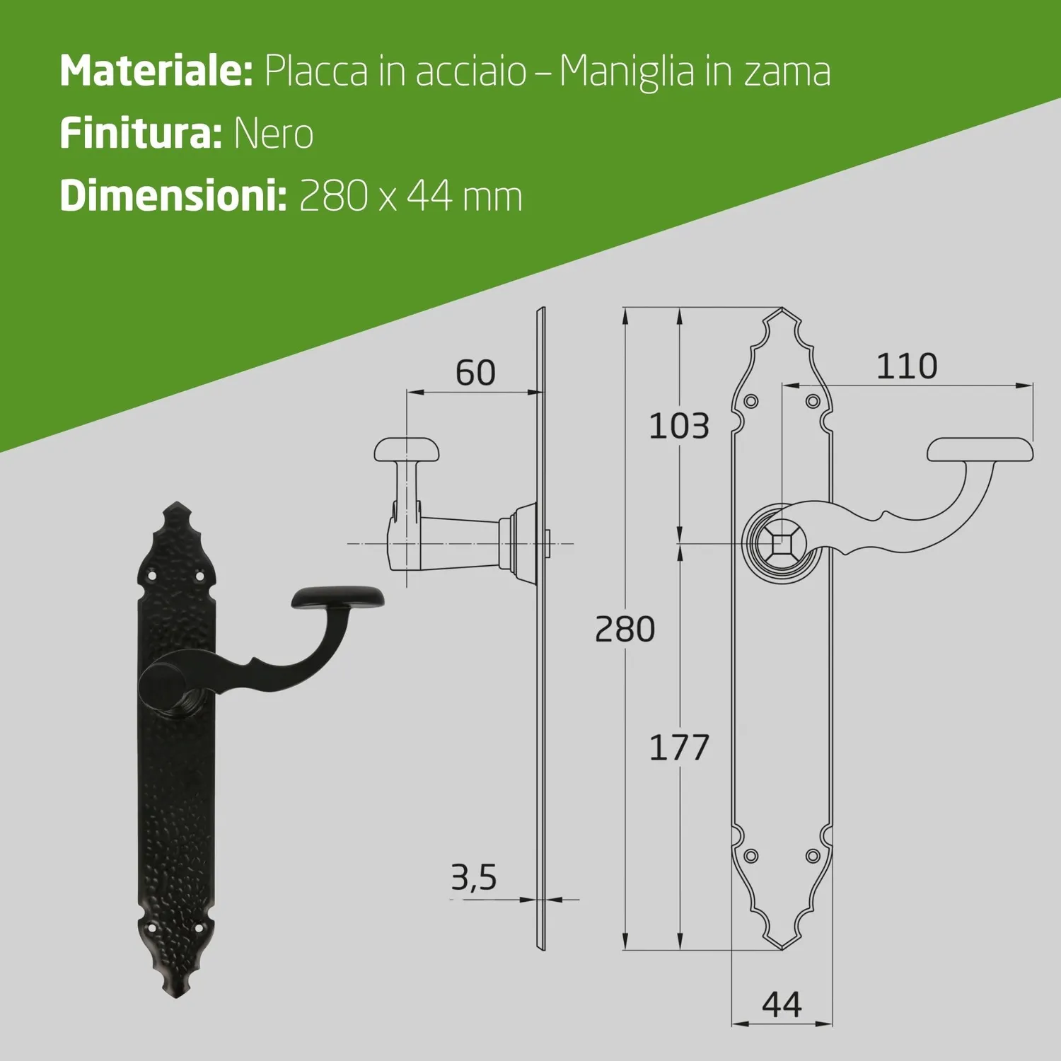 Amig maniglie rustiche placca martellata 280x45 mm nero