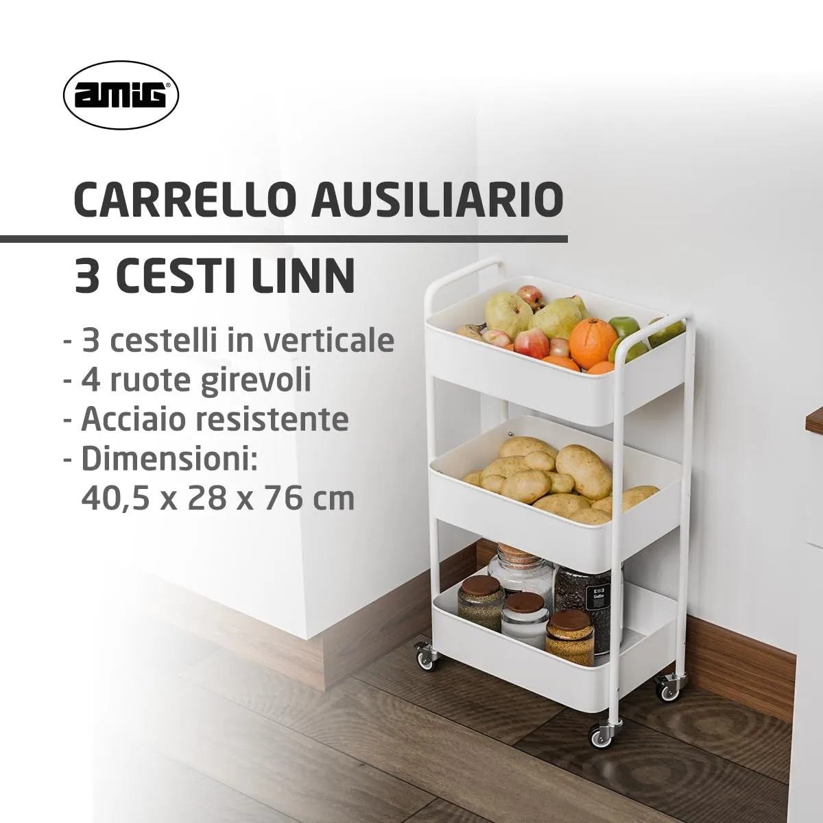 Amig Linn carrello cucina 3 ripiani bianco 40,5x28x76 cm