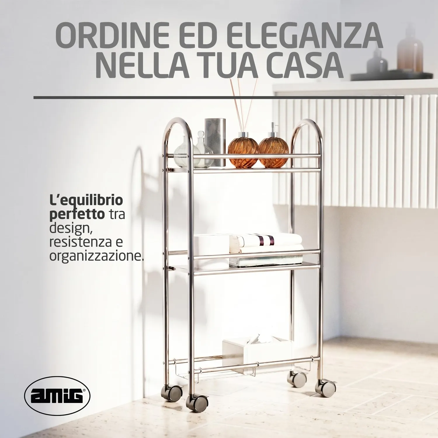 Amig Brisa carrello bagno stretto 3 ripiani con ruote