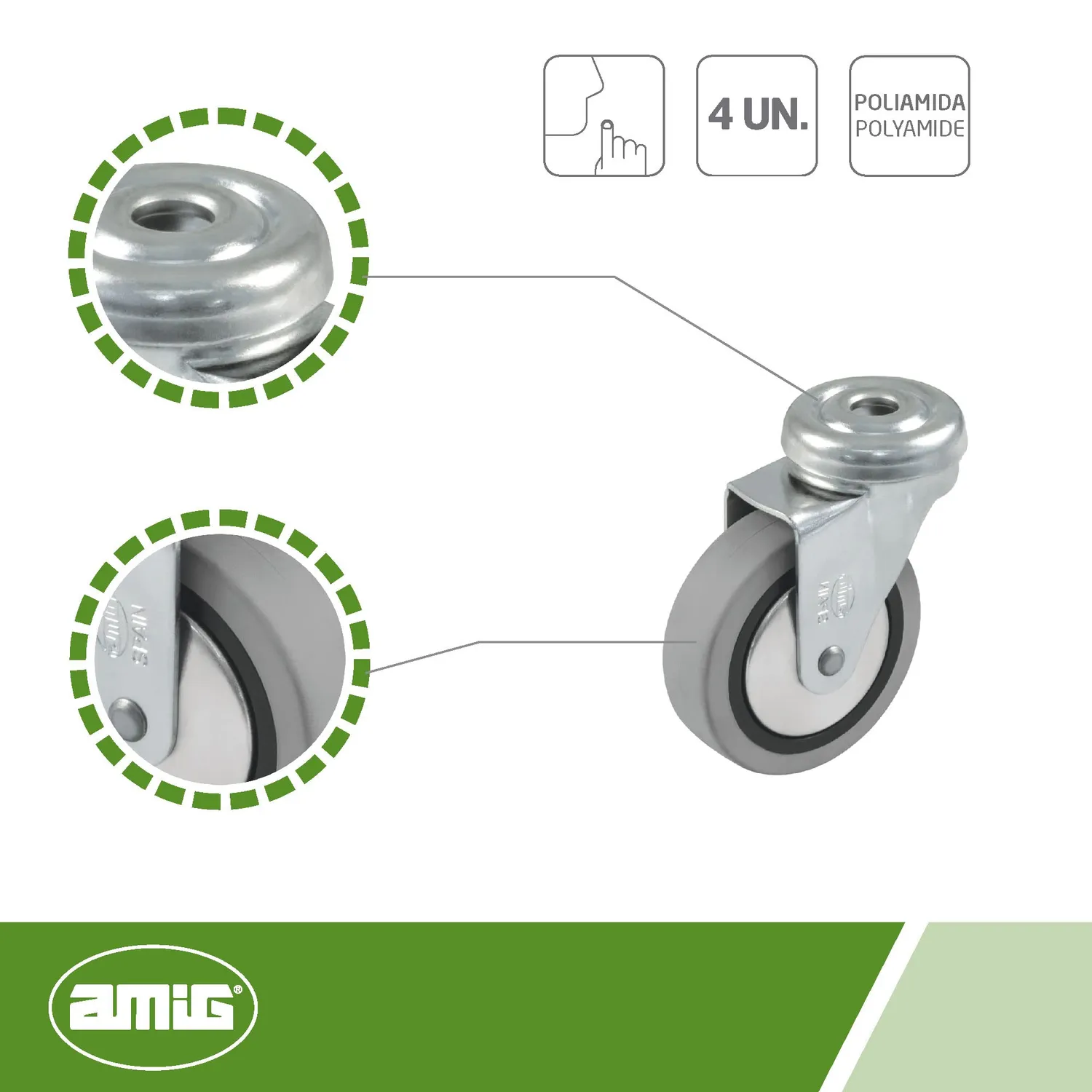 Amig 2504 Ruote Mobili 30 mm 4 Pezzi Grigio Gomma 15 kg