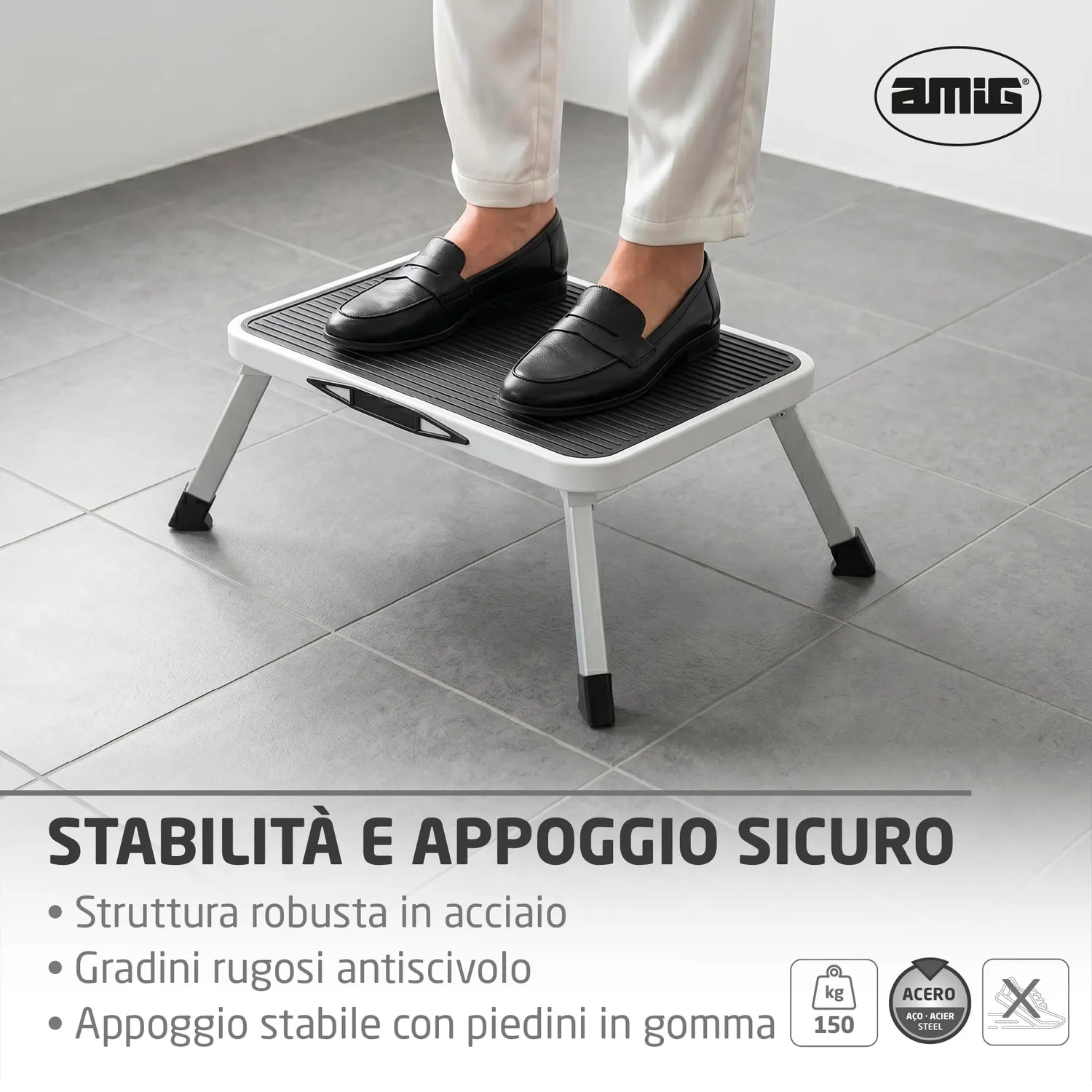 Amig sgabello pieghevole 1 gradino bianco 150 kg