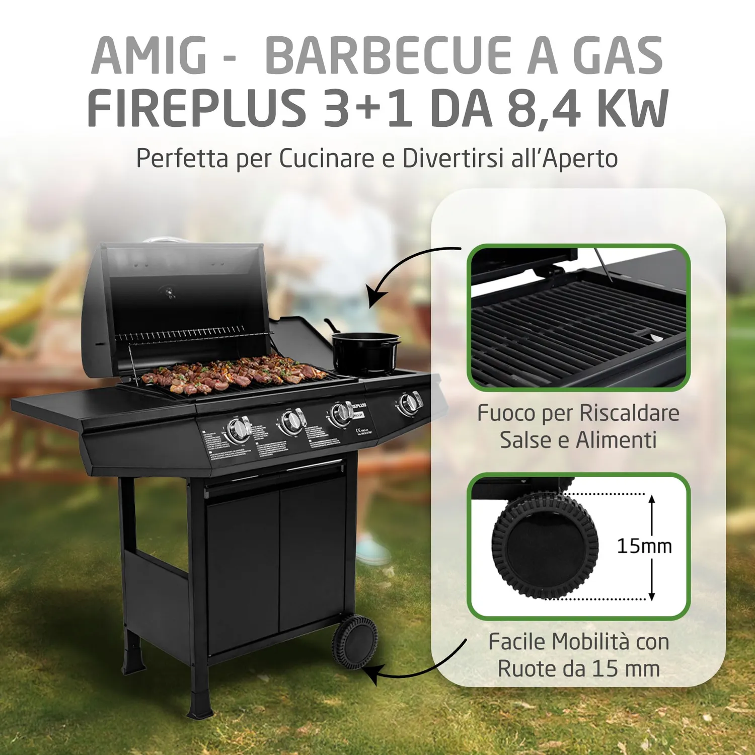 Amig Fireplus 3+1 barbecue a gas 117x52x103 cm nero