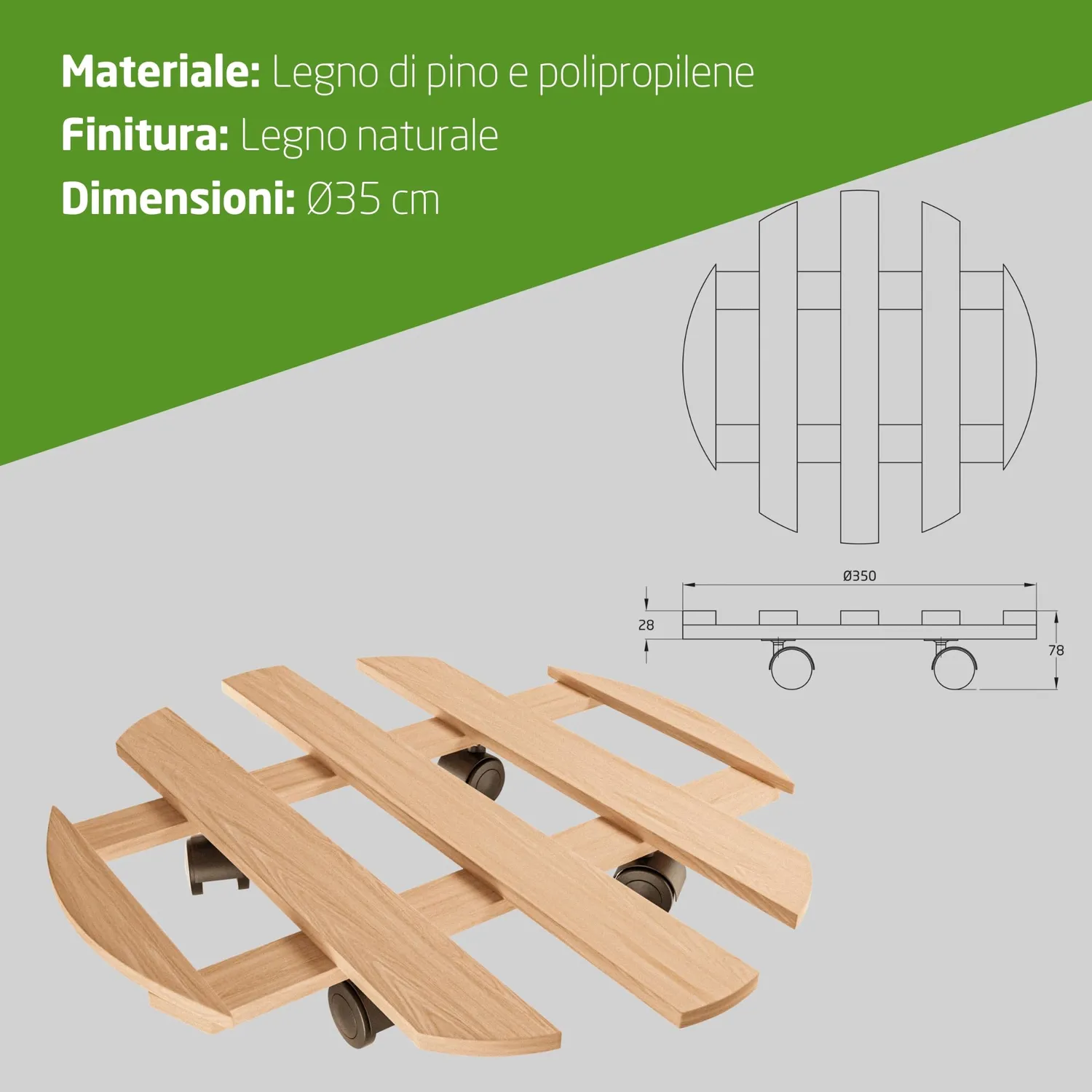 Amig Sottovaso con ruote legno pino Ø35 cm 80 kg