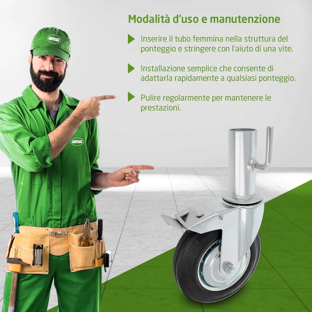 Amig ruota ponteggio maschio freno gomma Ø200 mm 200 kg