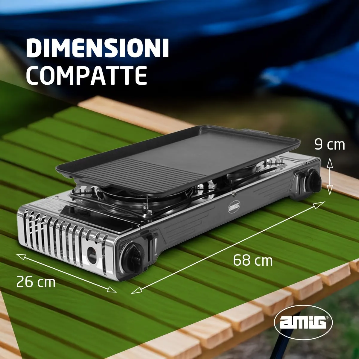 Amig CAMP02 fornello campeggio 2 fuochi con piastra 2x2,2 kW