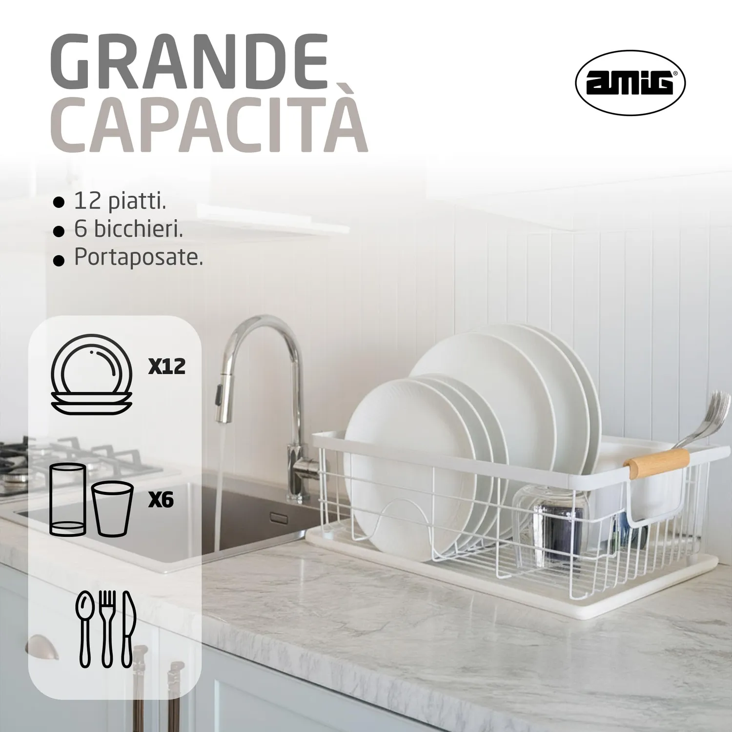Amig Graz Scolapiatti Bianco 42 cm con Vassoio 10 Piatti