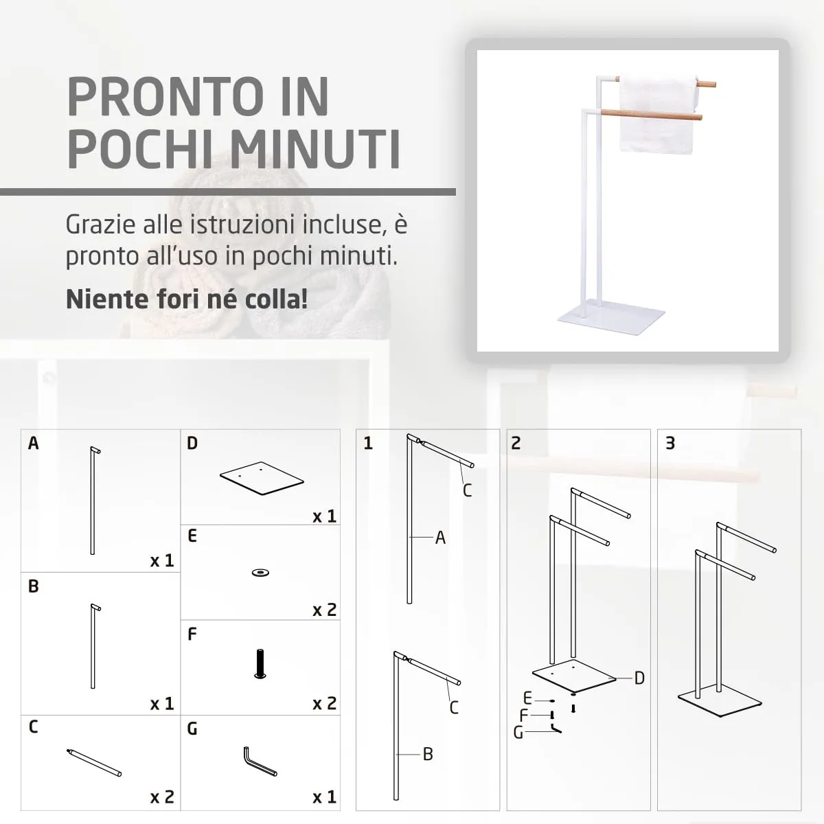 Amig porta asciugamani terra bianco legno doppia barra