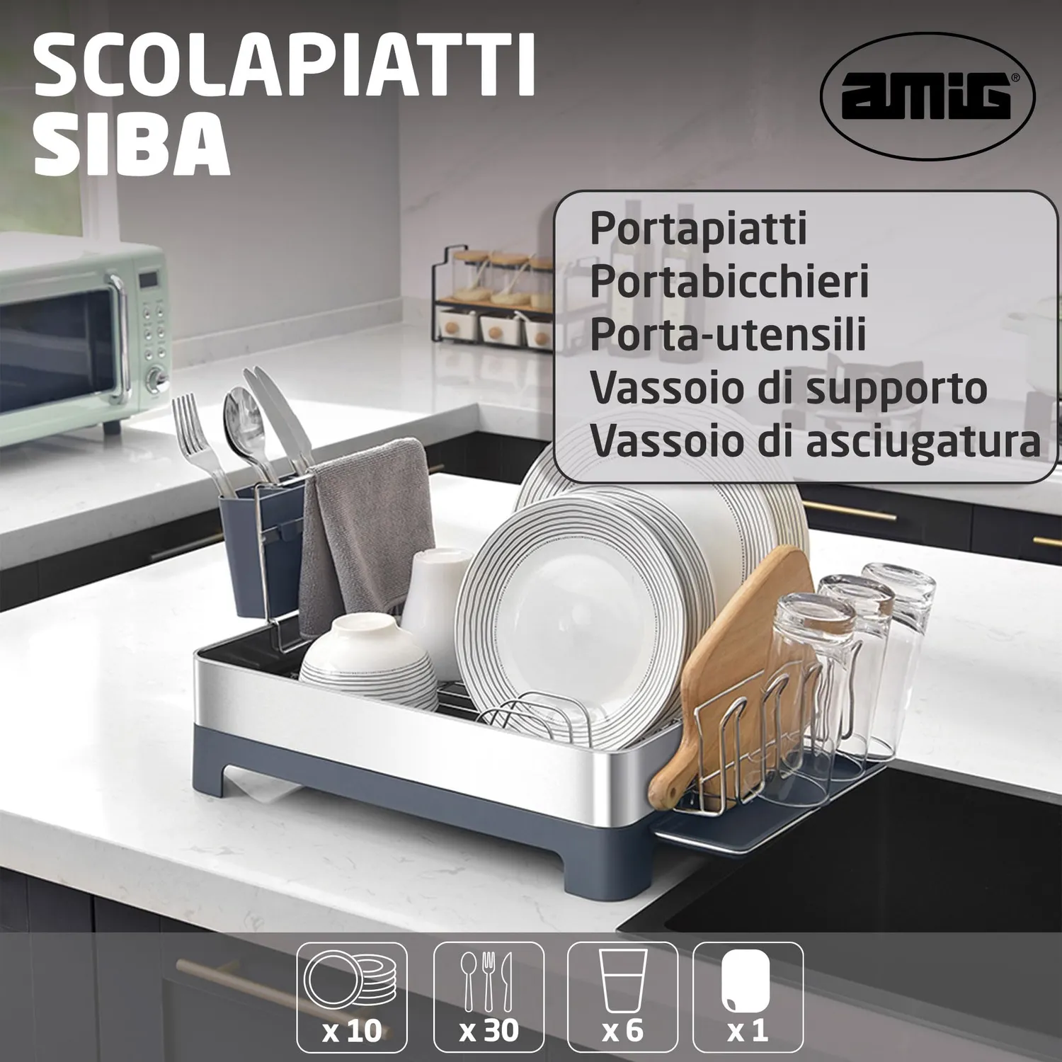 Amig Siba Scolapiatti Acciaio Grigio 10 Piatti 51 cm