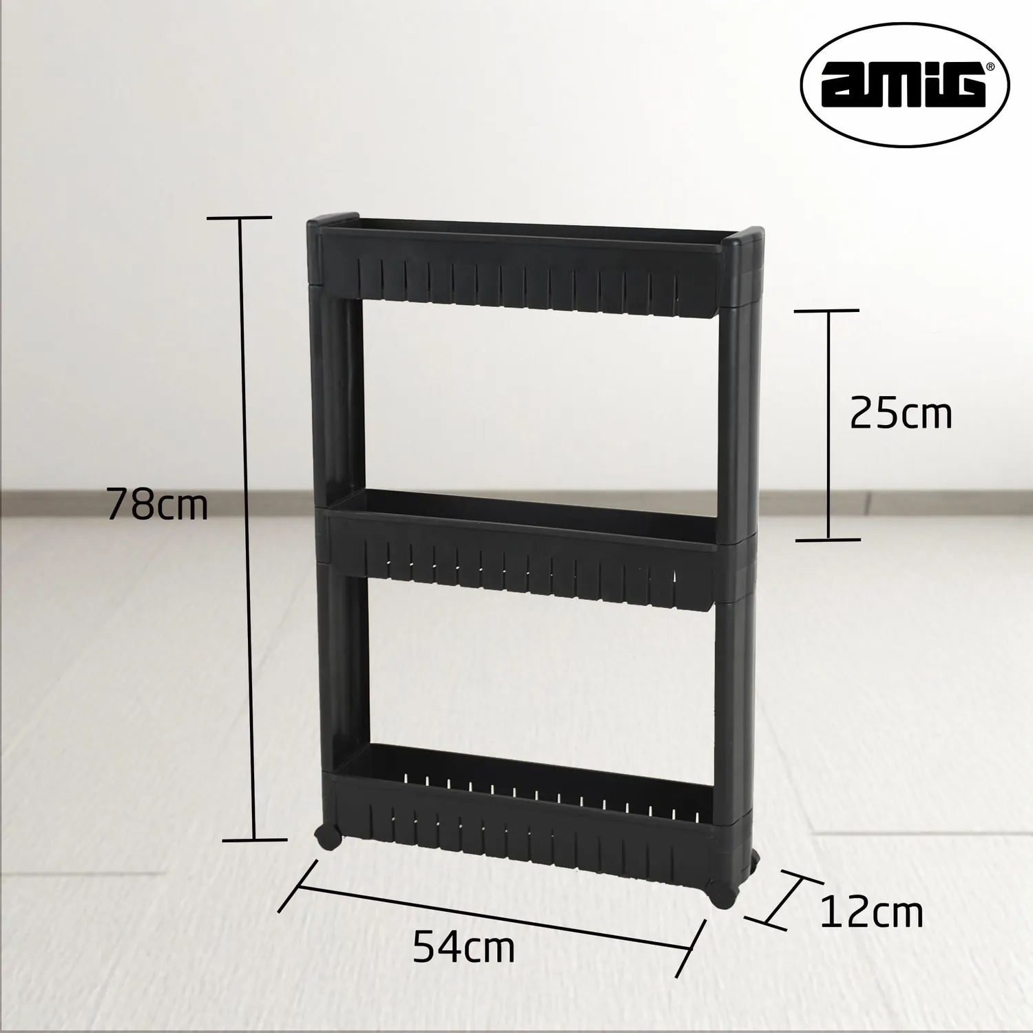 Amig Böken Carrello Stretto 3 Ripiani Nero 54x12x78 cm
