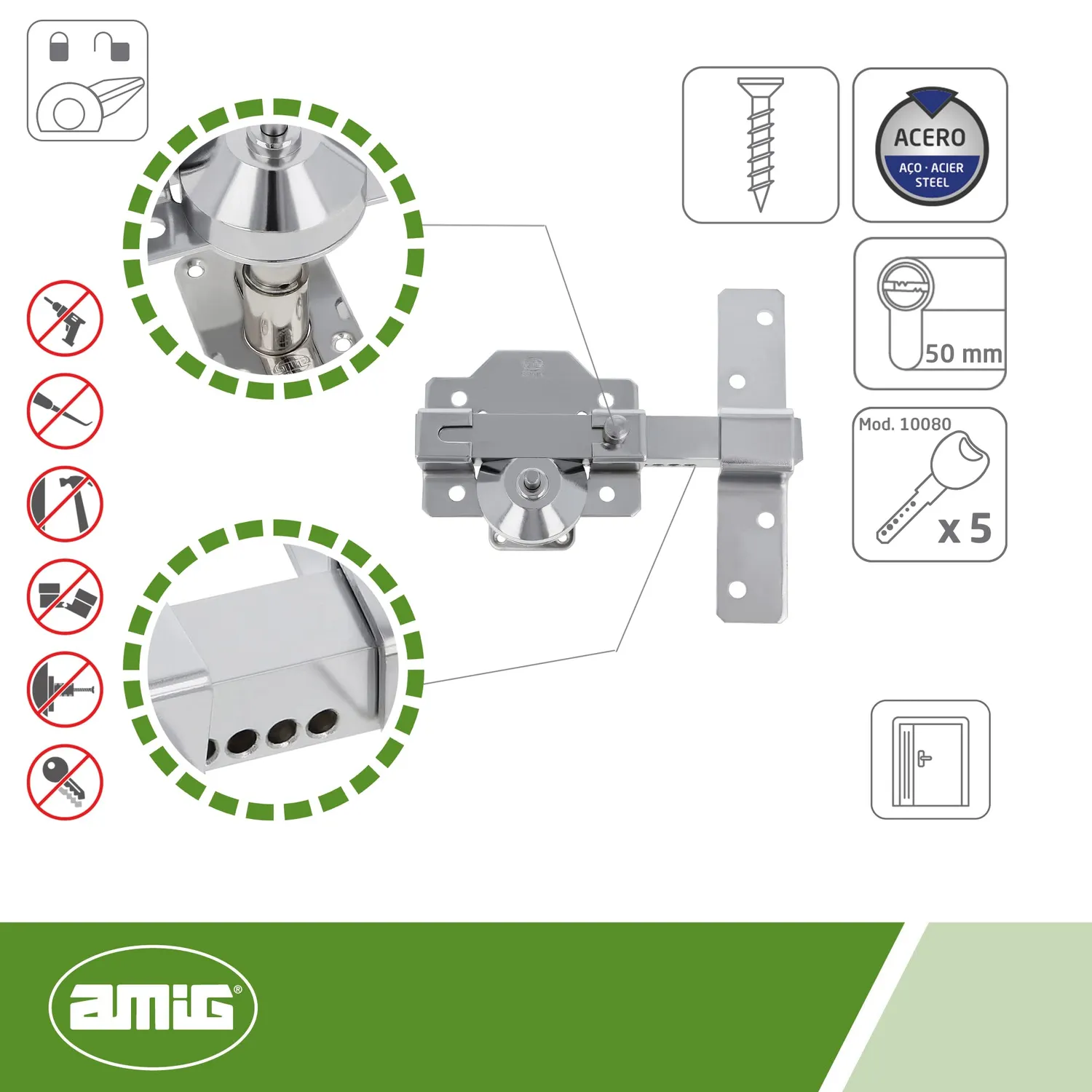 Amig 1PLUS catenaccio con cilindro 70 mm (35-35) acciaio