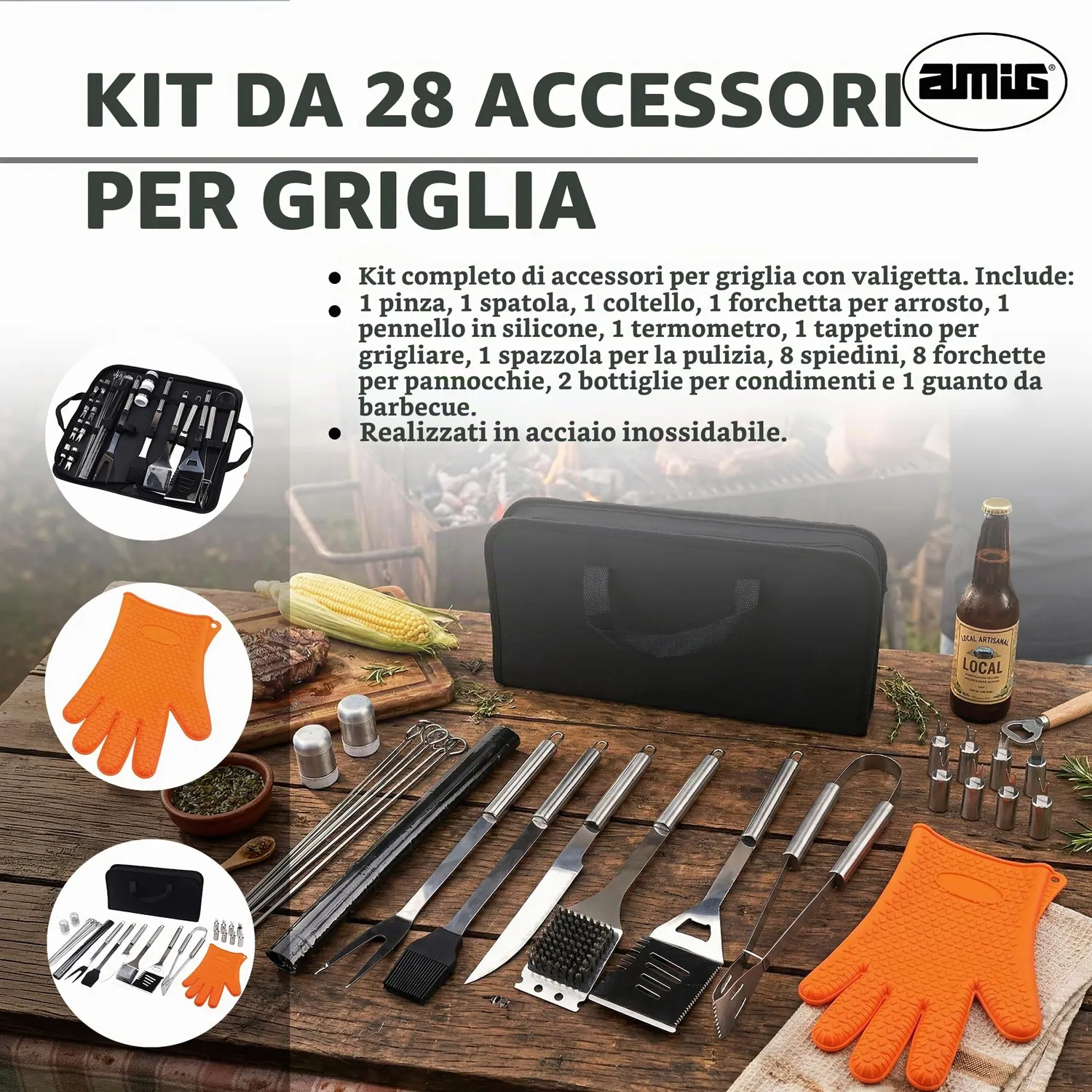Amig AM18 Kit 28 Accessori Barbecue Inox in Valigetta