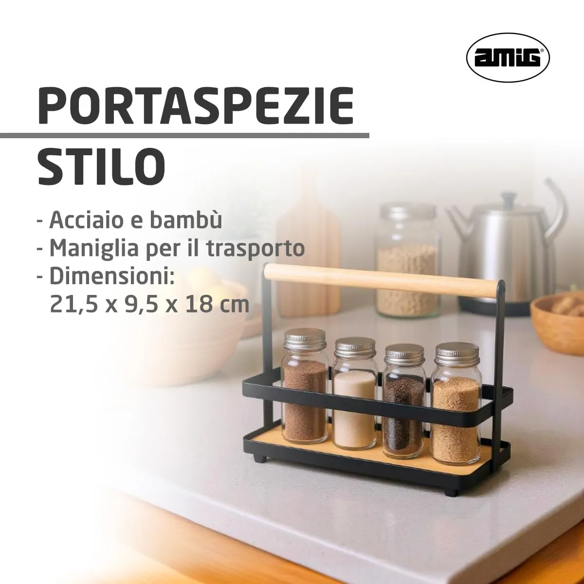Amig portaspezie scaffale cucina acciaio nero e bambù