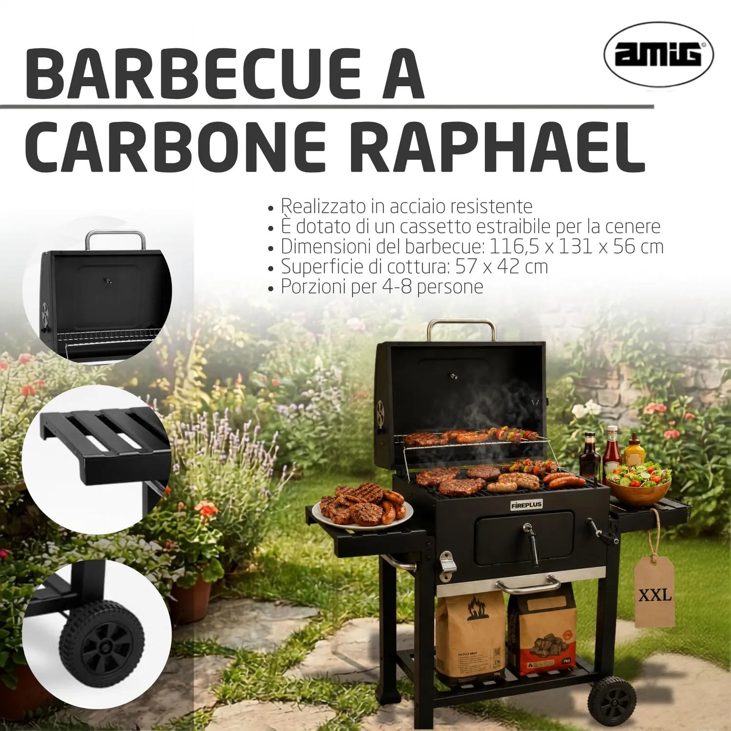 Amig Fireplus barbecue carbone portatile ruote 57x42 cm