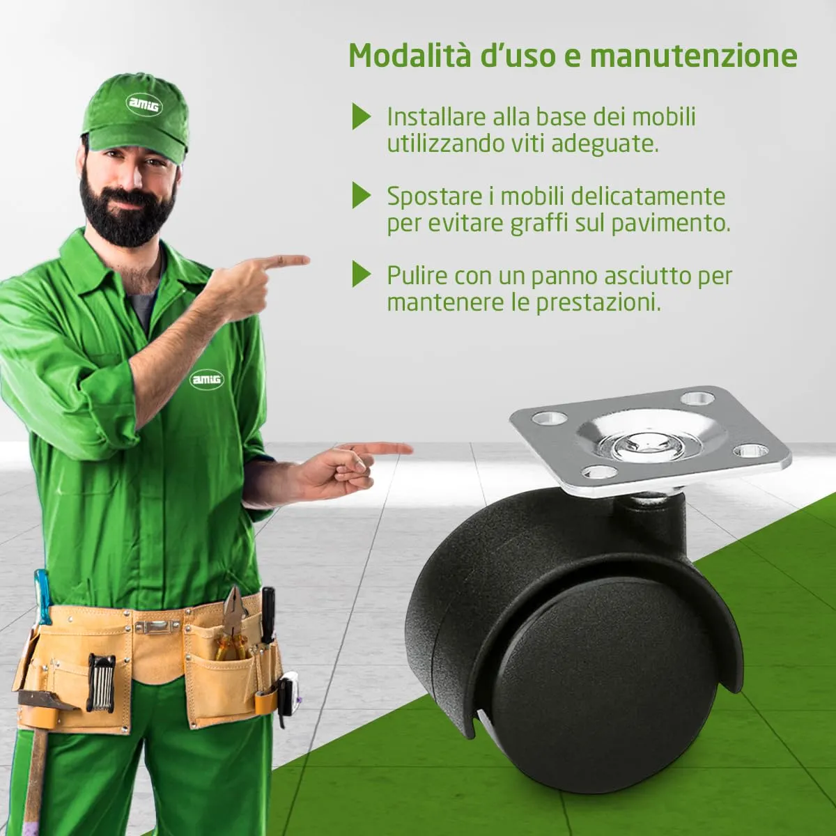 Amig ruote per mobili 40 mm set 4 pezzi senza freno