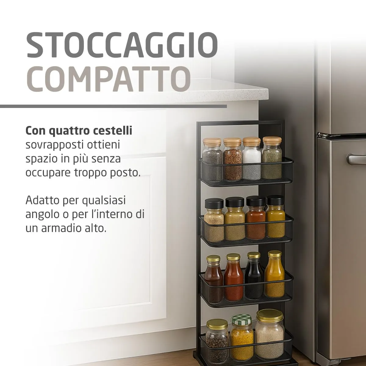 Amig carrello cucina 4 cesti 27,6x18x89,2 cm acciaio nero