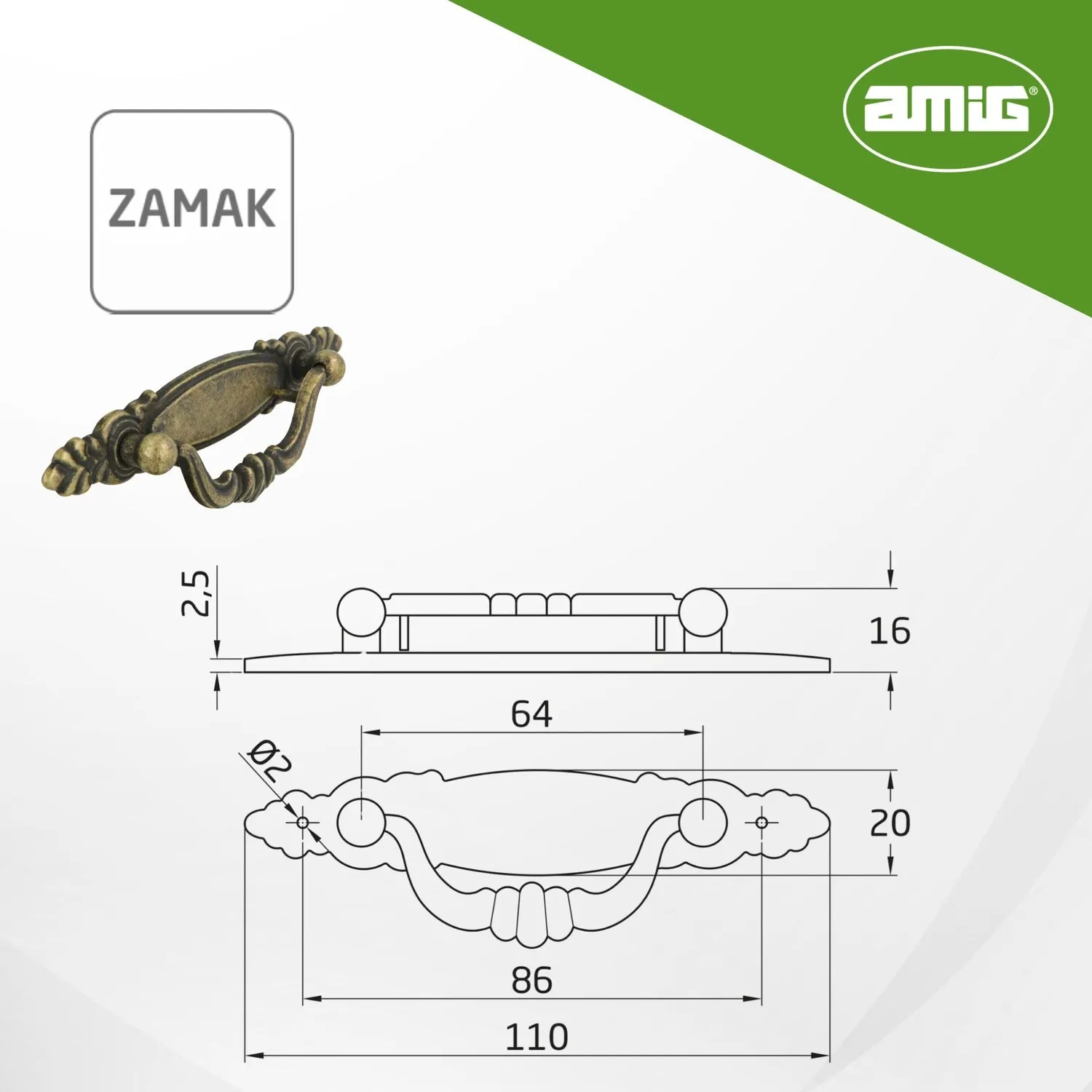 Amig 852 maniglia mobili 110 mm cuoio 10 pz zamak