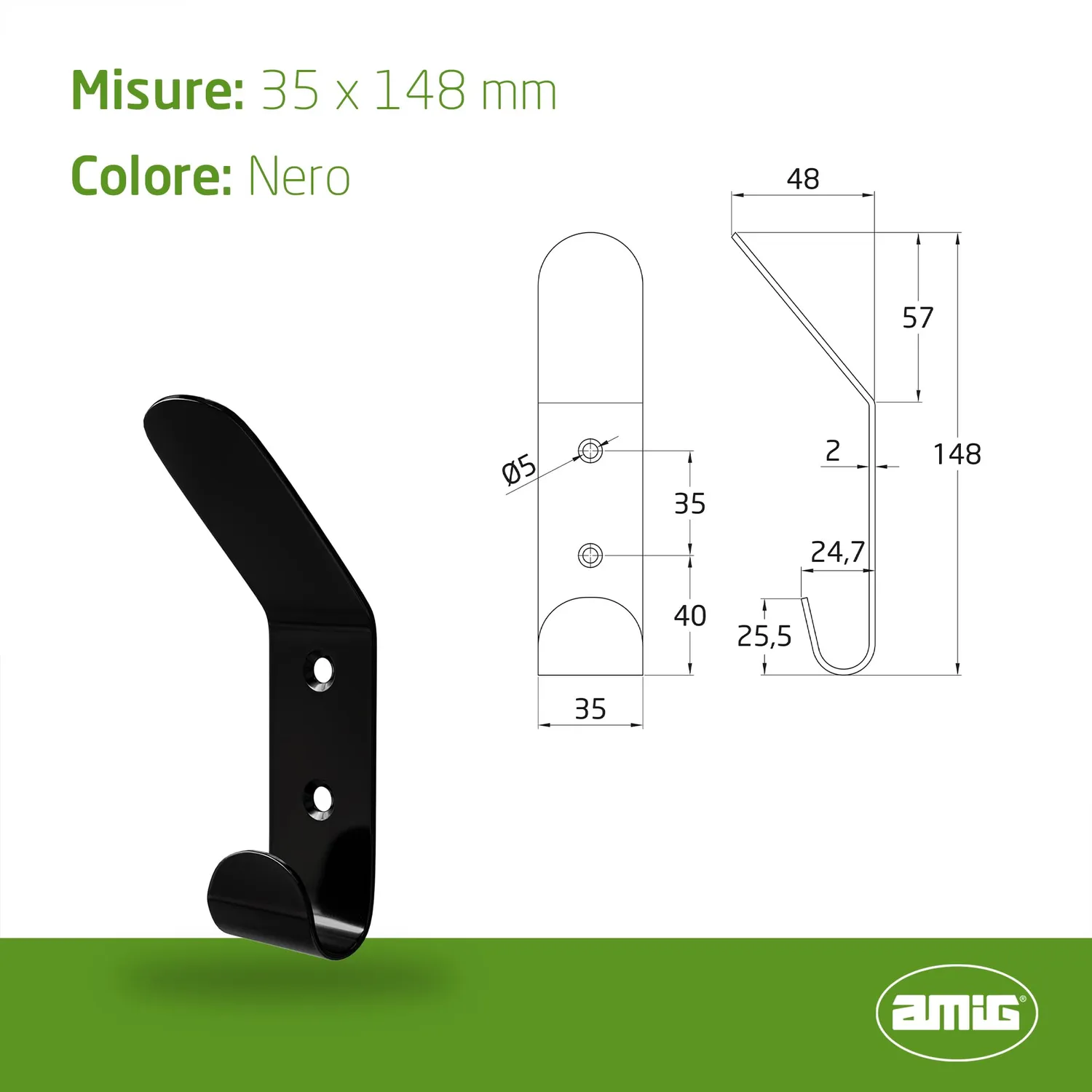 Amig CS35 appendiabiti da parete nero opaco acciaio