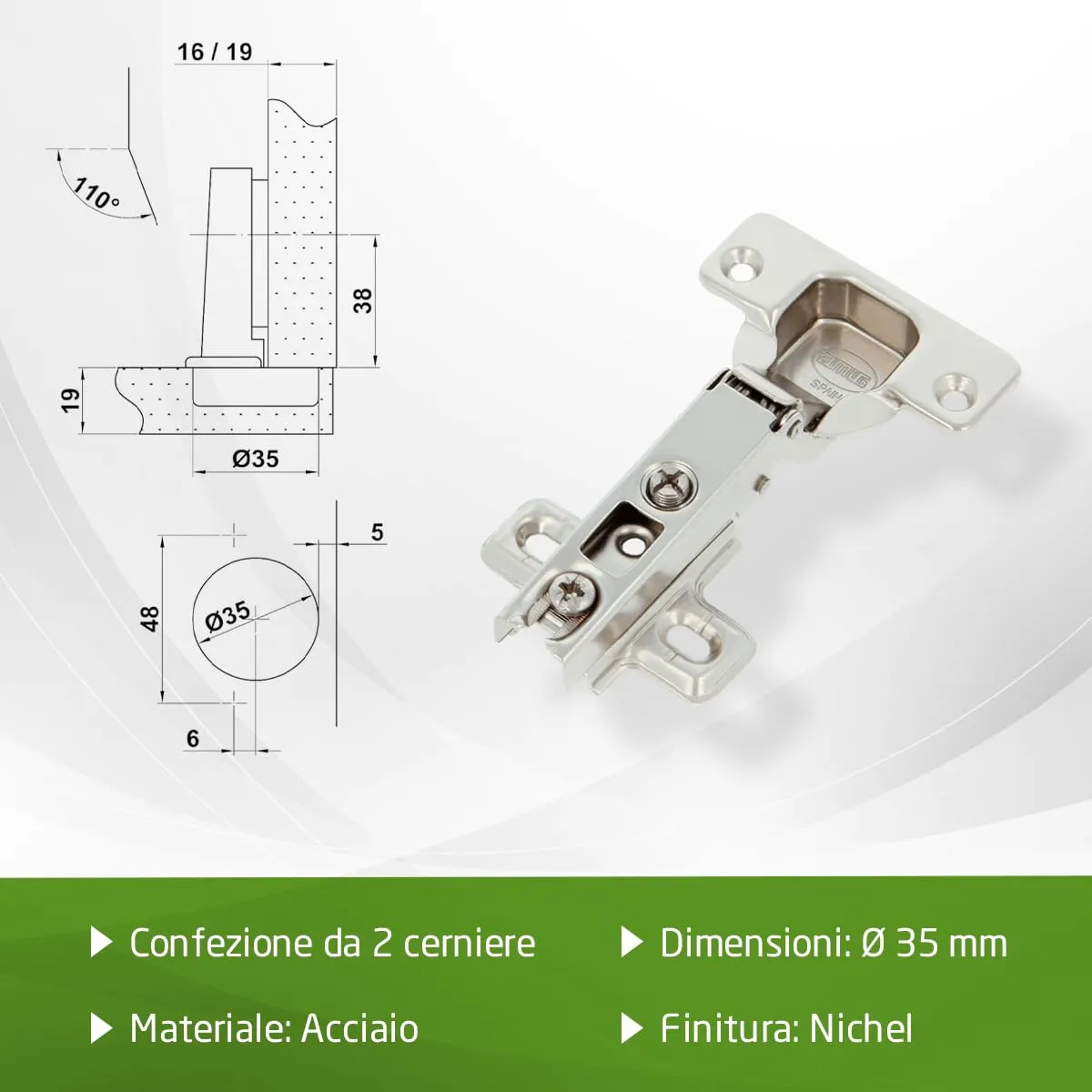 Amig Cerniera Tazza 35 mm 110° Nichelata Set 2 Pezzi