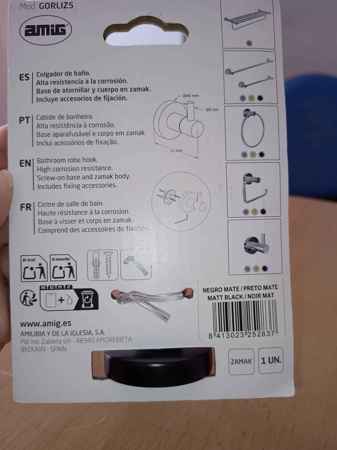 Amig Gorliz-5 Gancio Portasciugamani Nero Opaco