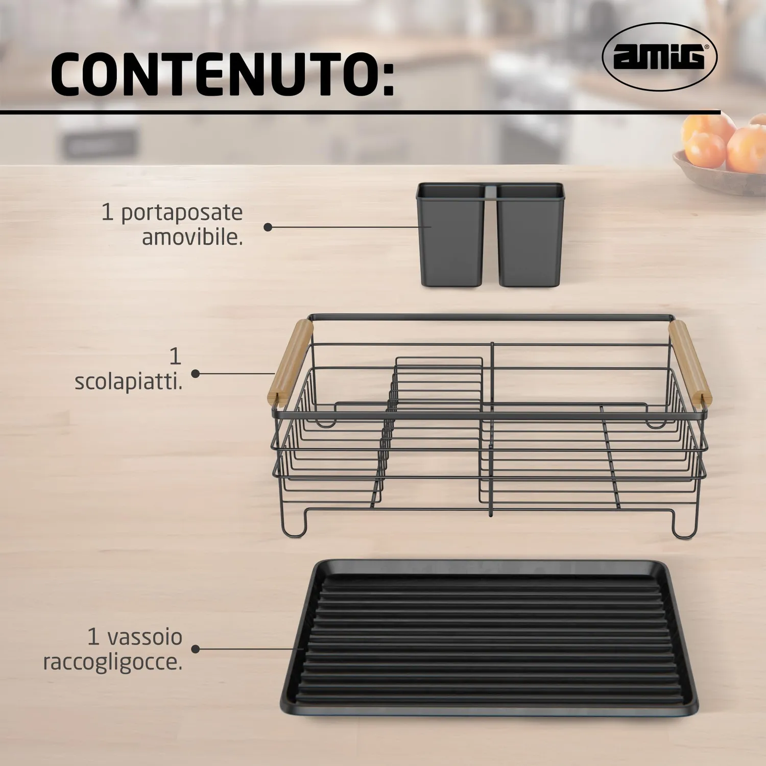 Amig Graz II scolapiatti nero acciaio 42x31,5x15 cm