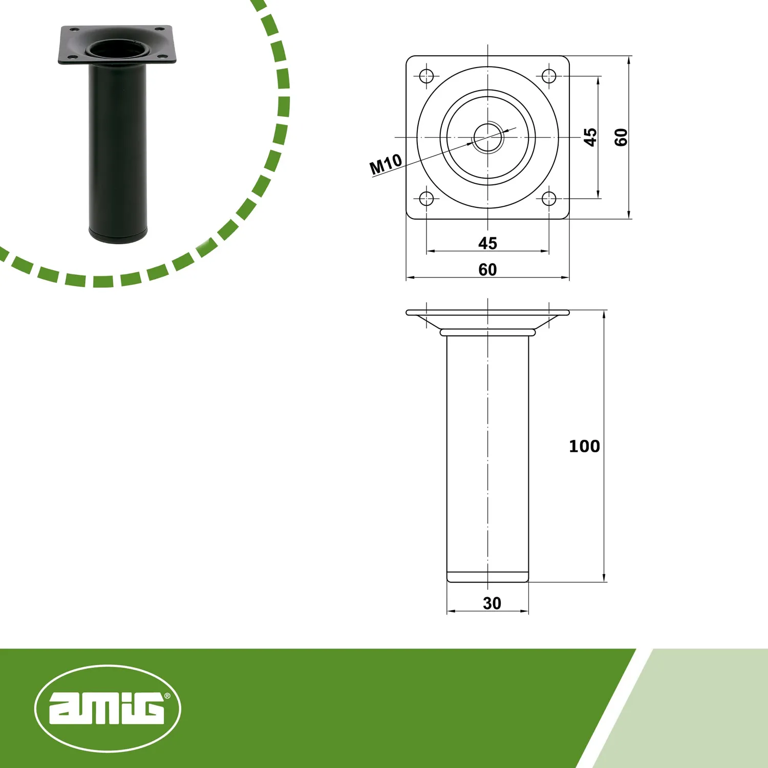 Amig Gamba Rotonda 100x30 Piedino Acciaio Nero Regolabile