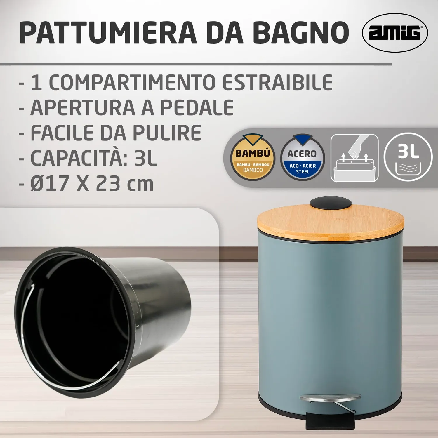 Amig Naturline pattumiera bagno 3 litri grigia con bambù