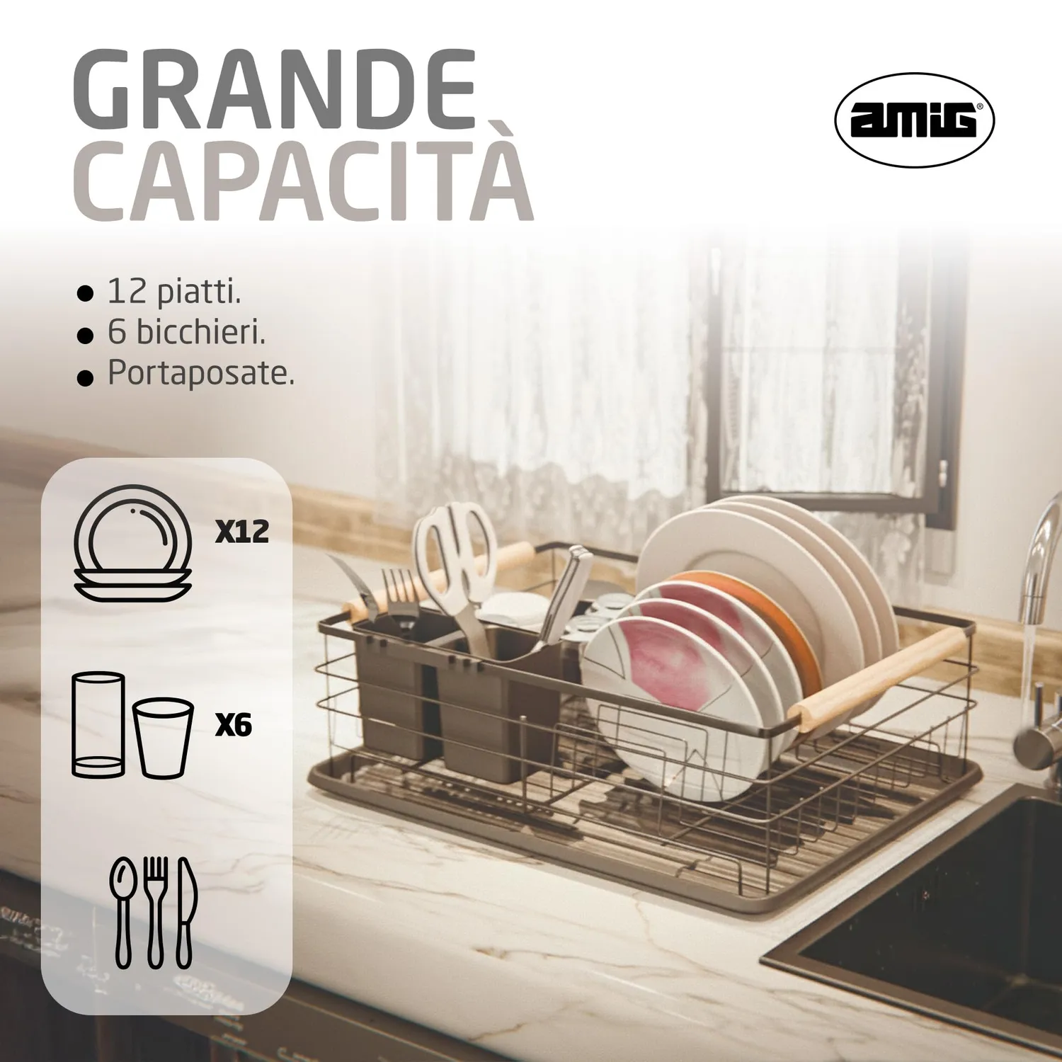 Amig Graz II scolapiatti nero acciaio 42x31,5x15 cm