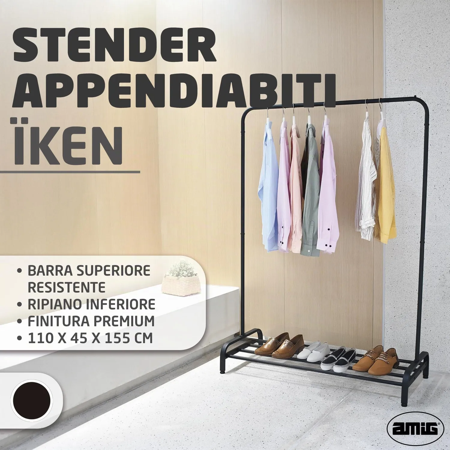 Amig Iken Stender Appendiabiti Metallo Nero 110x45x155 cm