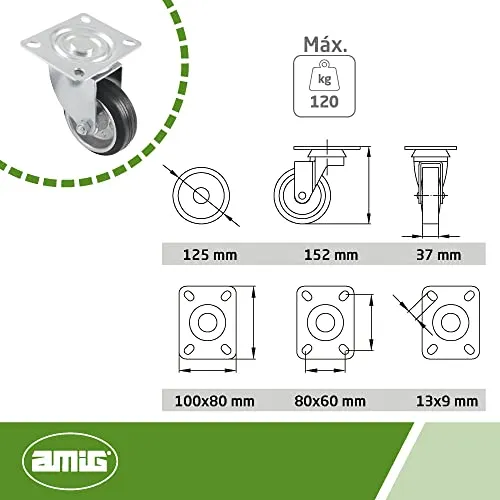 Amig 2522 ruote industriali 125 mm set 4 pezzi gomma