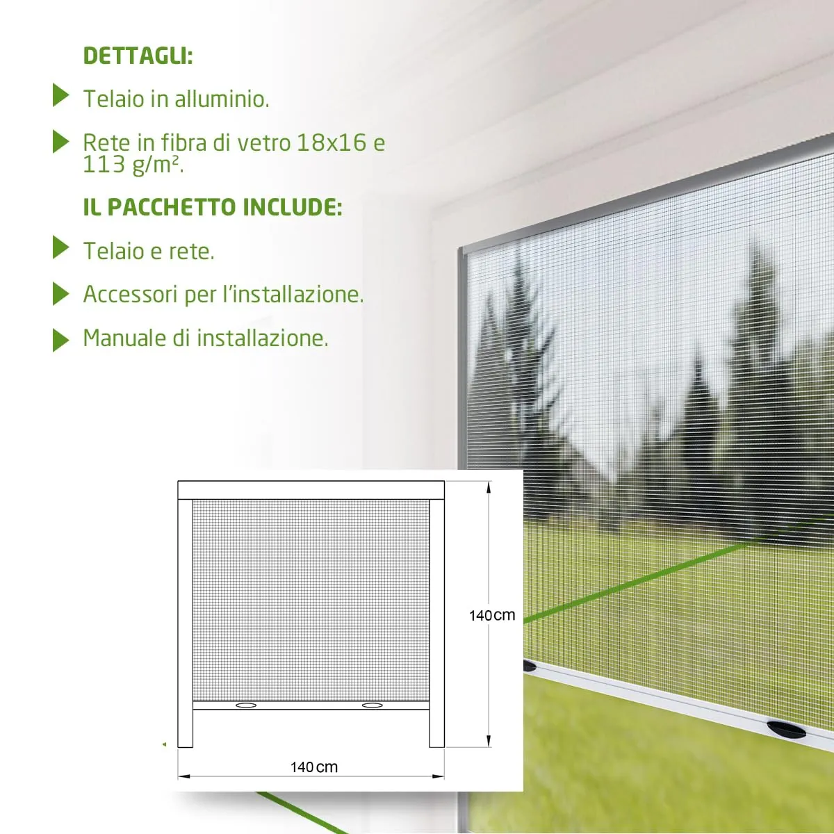 Amig Zanzariera Avvolgibile Finestra Alluminio 140x140 cm