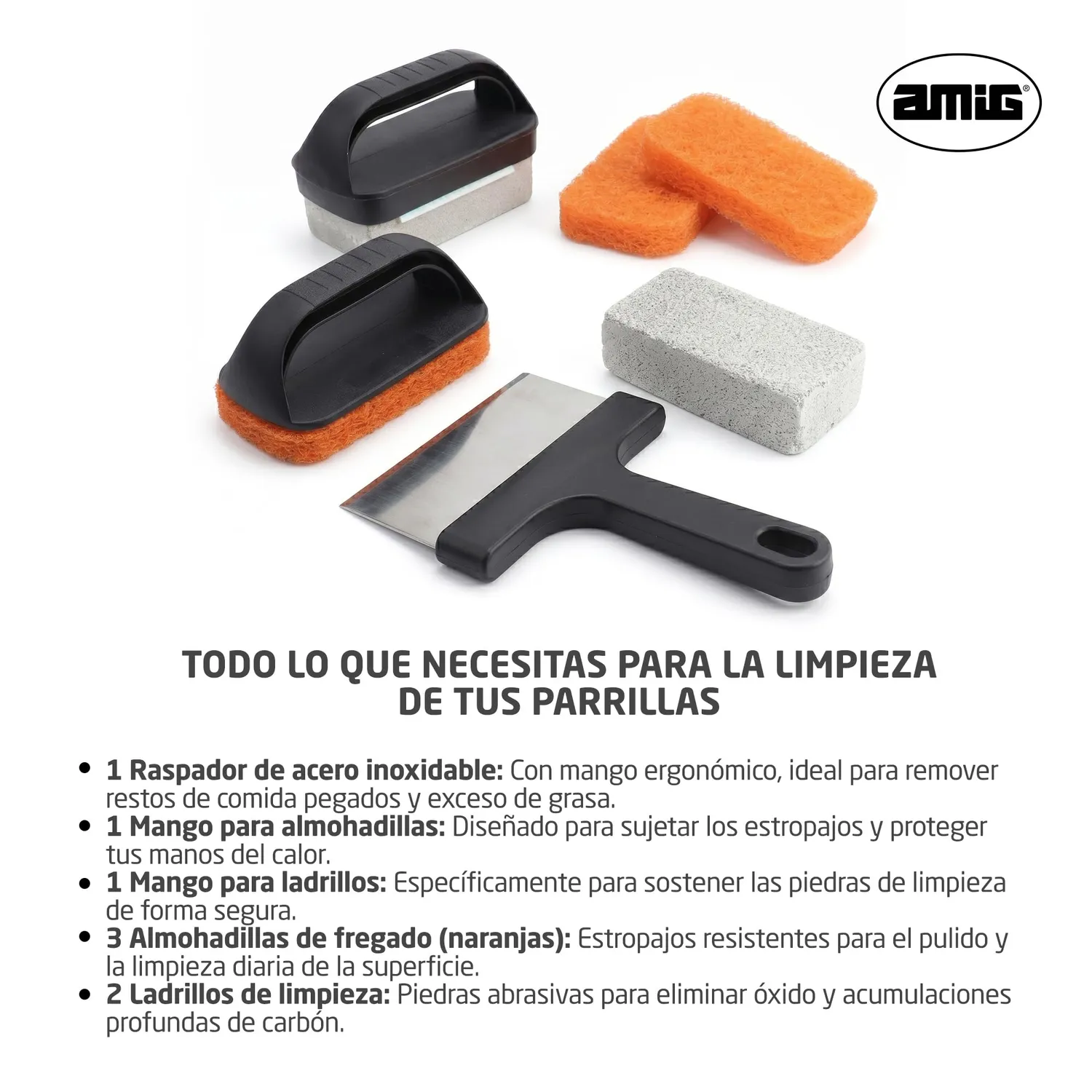 Amig AM22 Kit 8 Accessori Pulizia Barbecue con Raschietto