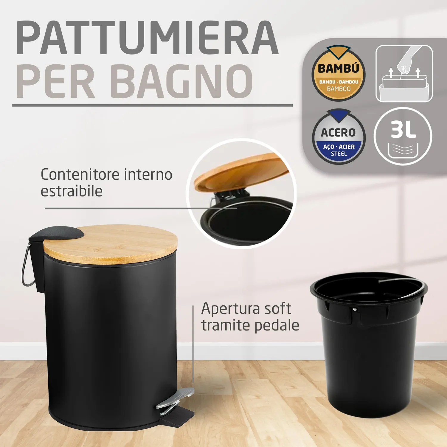 Amig Naturline set bagno nero acciaio e bambu