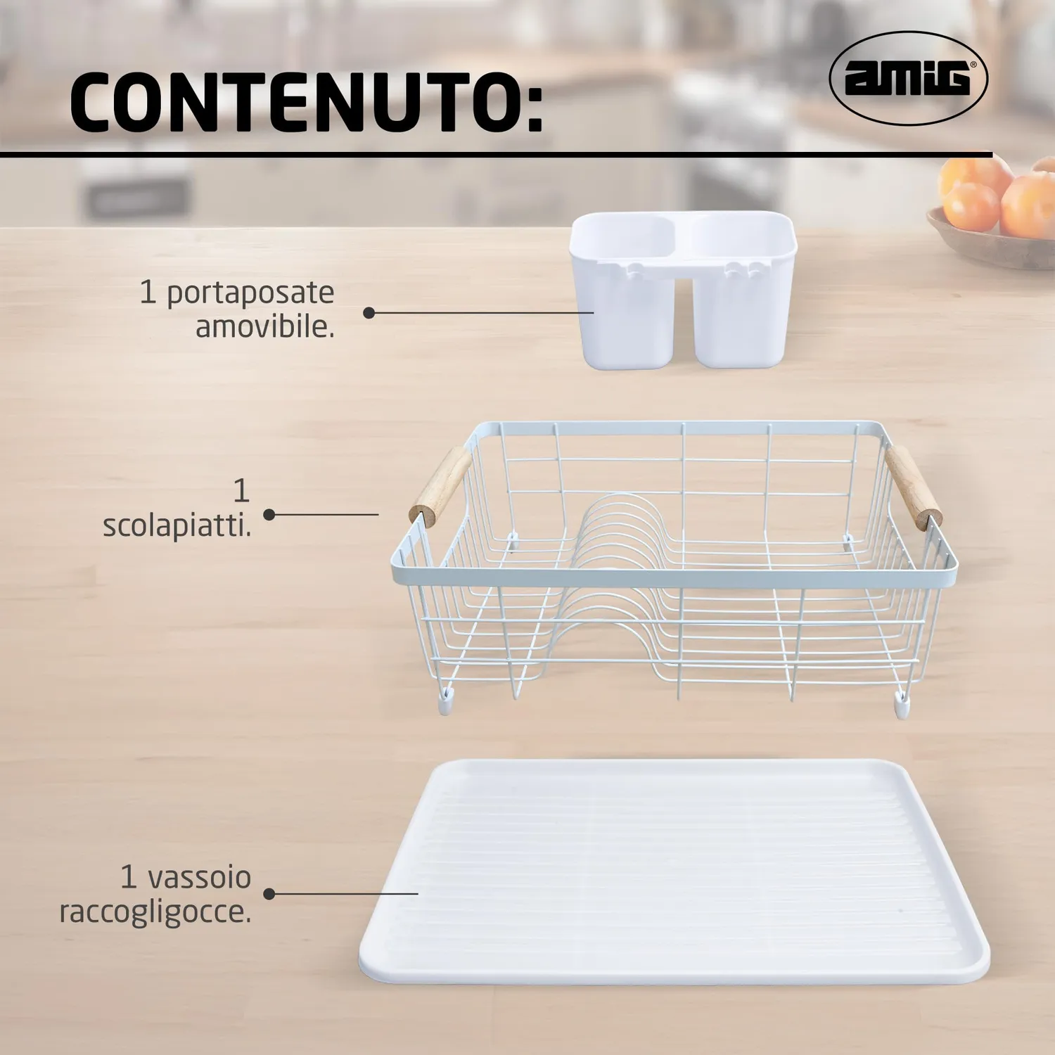 Amig Graz Scolapiatti Bianco 42 cm con Vassoio 10 Piatti