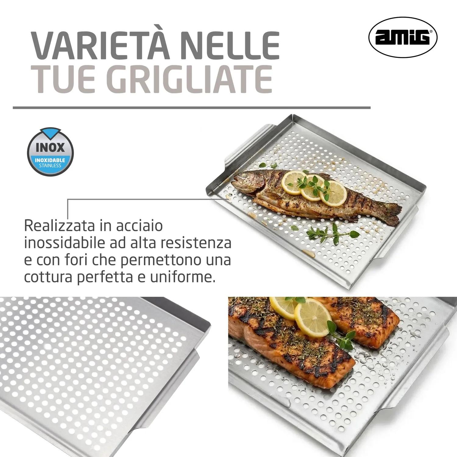 Amig AM08 piastra griglia pesce acciaio inox 40x30