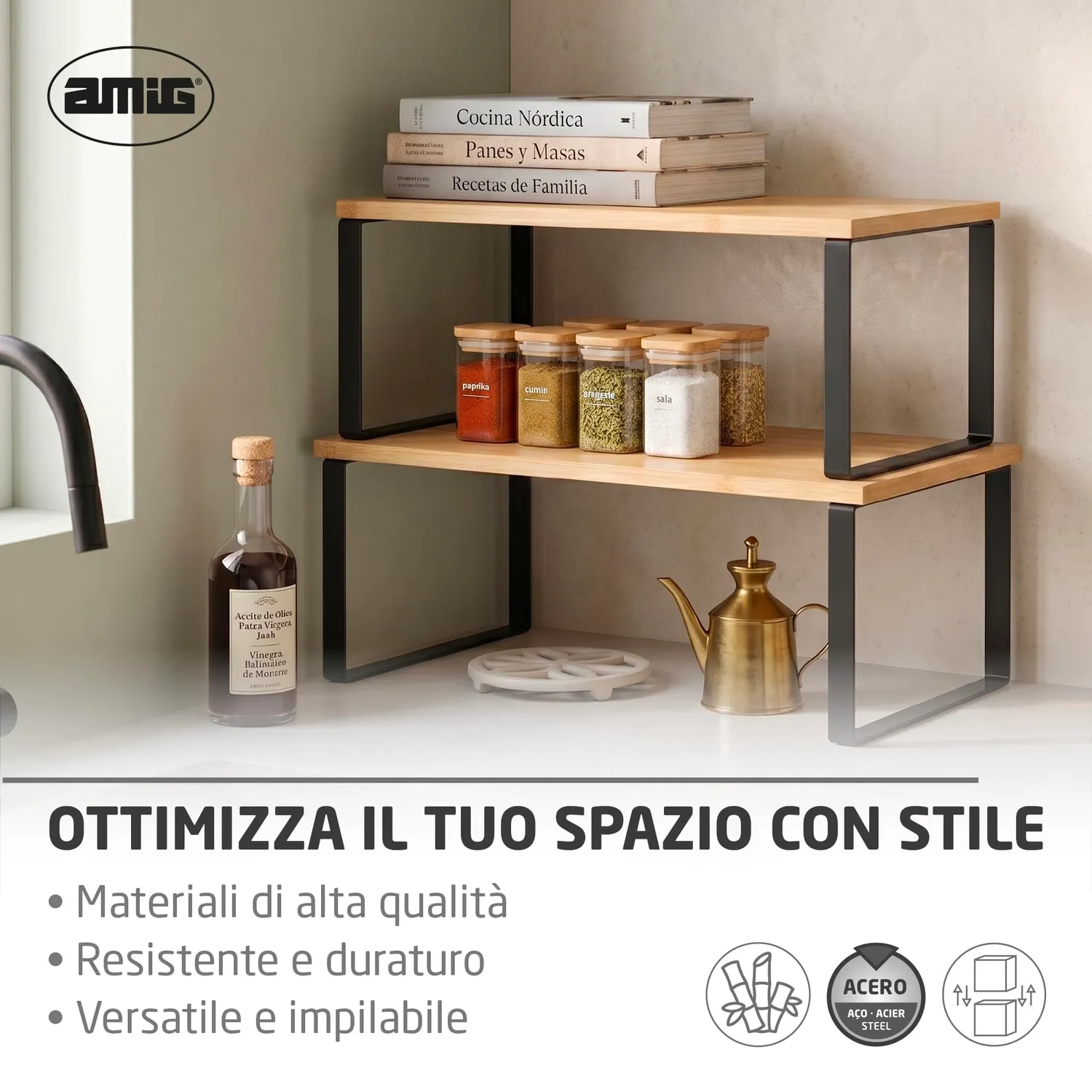 Amig Soren Mensole Spezie Set 2 Pezzi Nero Bambù Impilabili